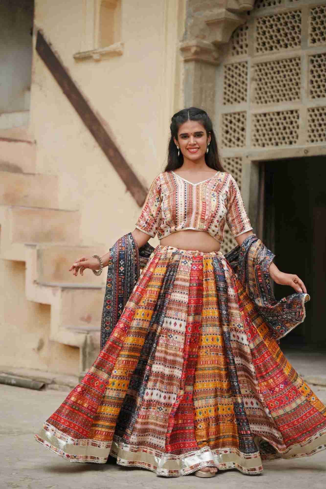 Raas Kalidar Lehenga Set in bold hues and Gotta patti embellishments, Made to Order