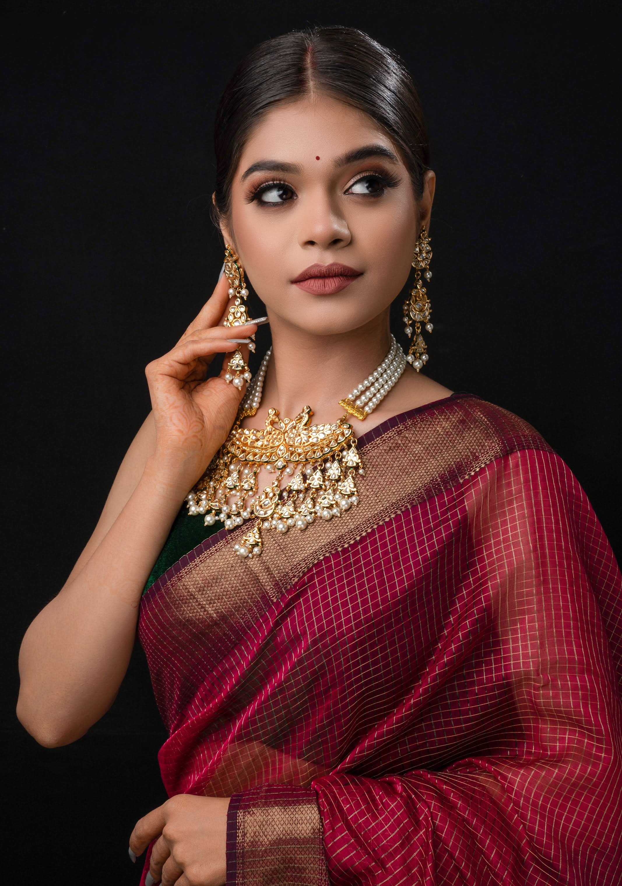 Statement Twin Peacock White Kundan Necklace Set with three rows of beads and 4.2" Long Earrings | SHOBITAM