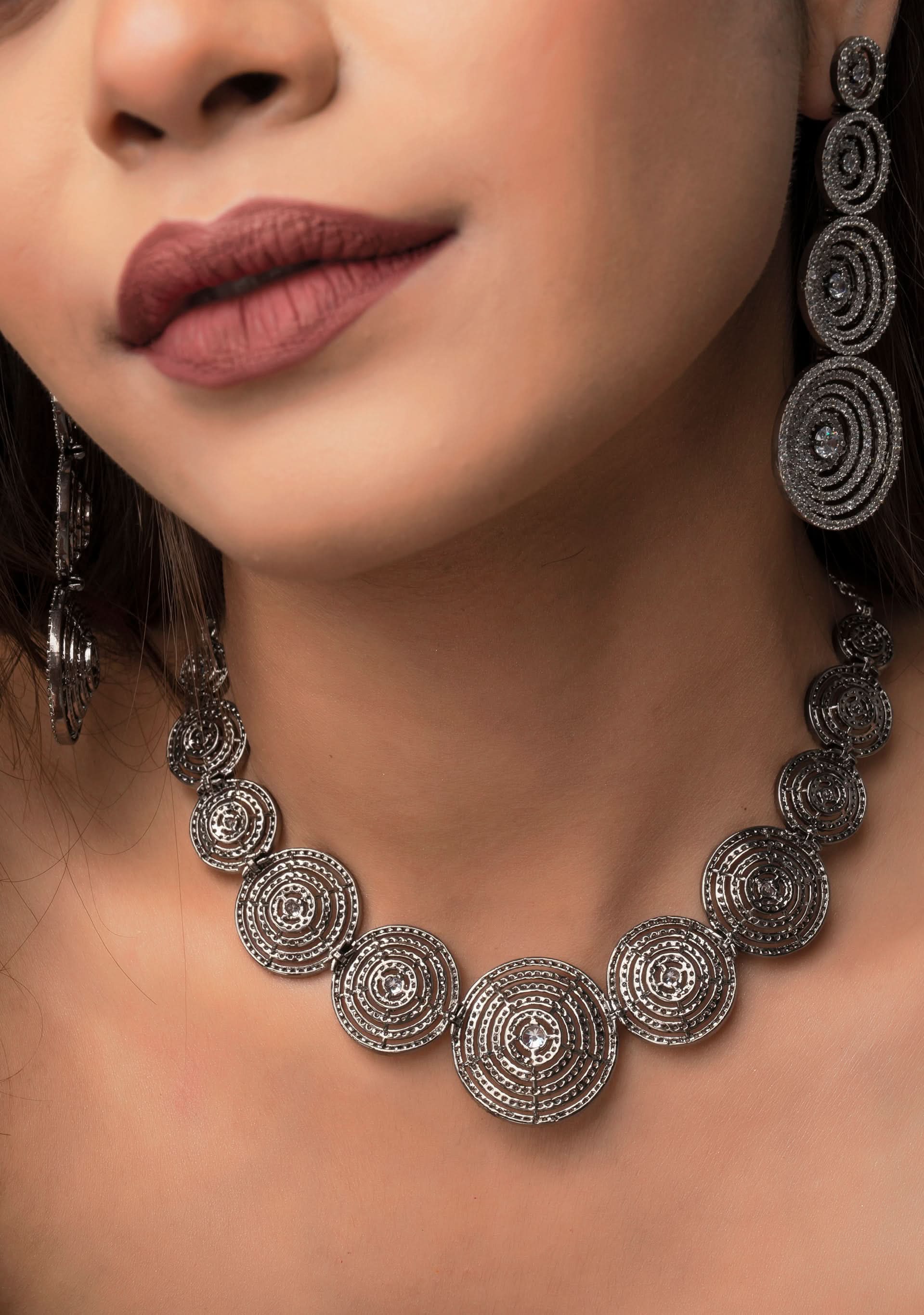 CZ Stone Studded Halo design Necklace Set with 3" Long Earrings | Shobitam Jewelry