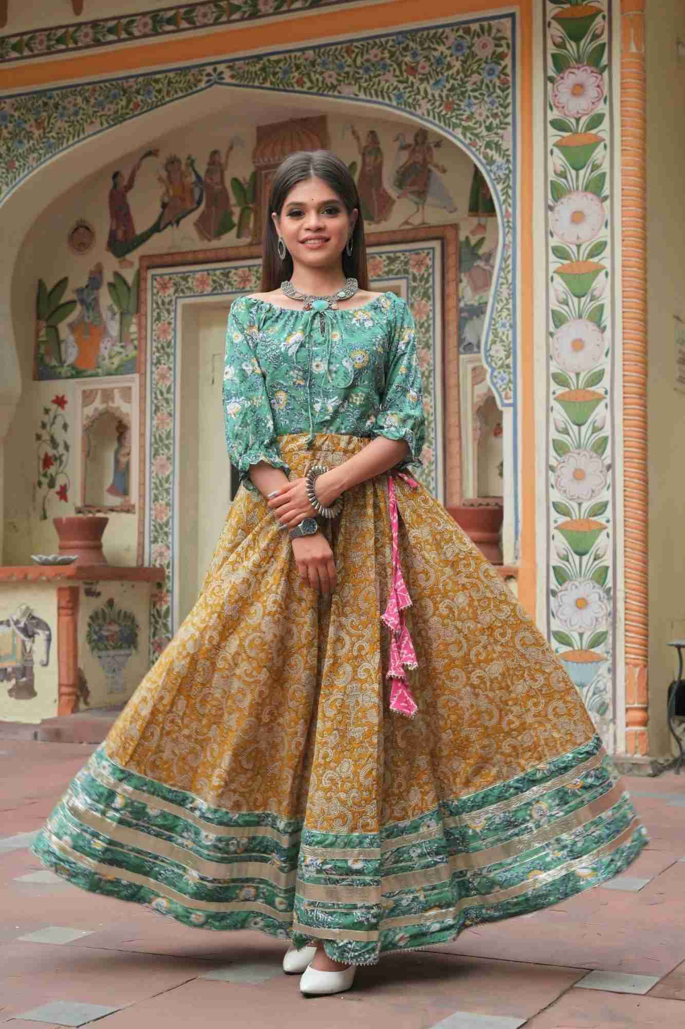 Mustard Love Peasant Top with Umbrella Cut Skirt For Woman, Twinning option available. | Made To Order