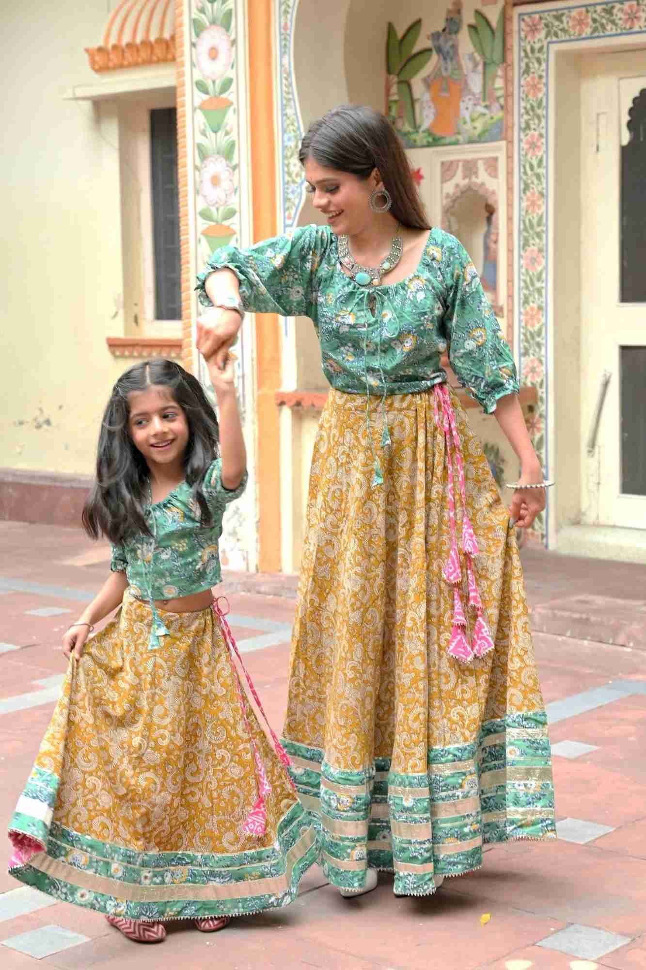 Mustard Love Peasant Top with Umbrella Cut Skirt For Woman, Twinning option available. | Made To Order