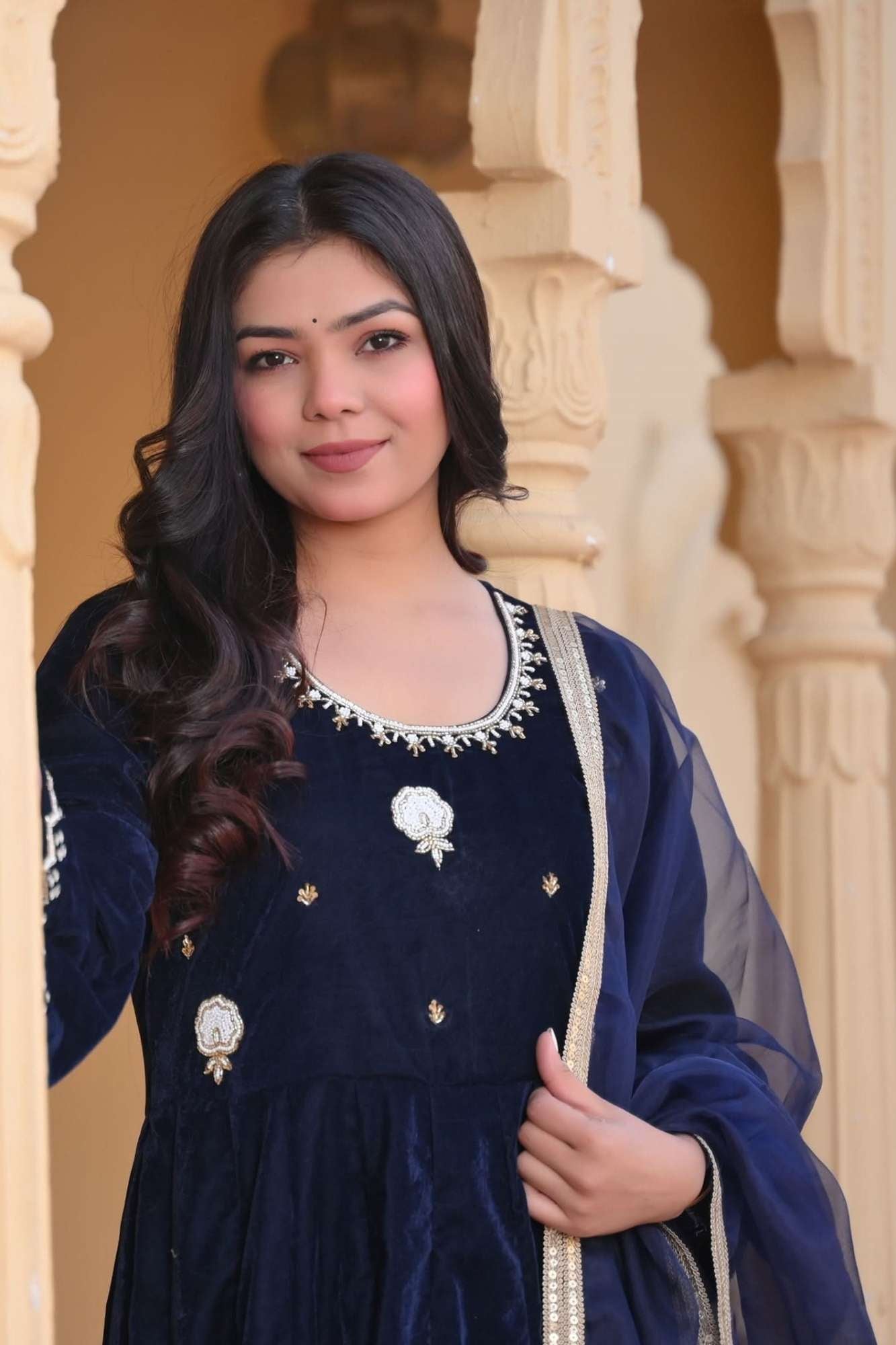 Midnight blue Nargis Velvet anarkali Set with Lace detailing border, 3 PIece Set | Made To Order