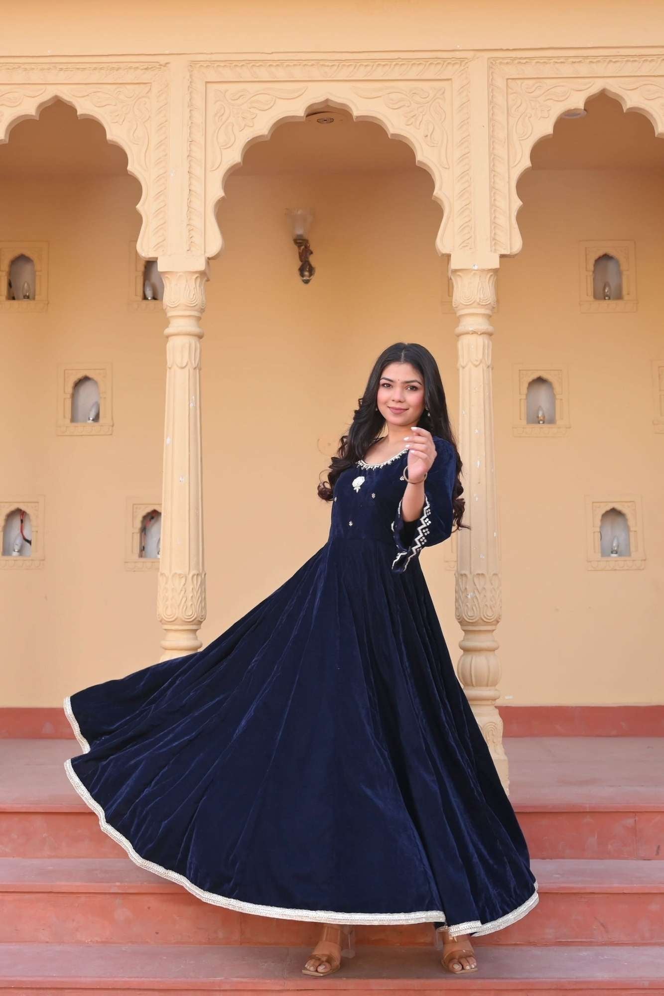 Midnight blue Nargis Velvet anarkali Set with Lace detailing border, 3 PIece Set | Made To Order