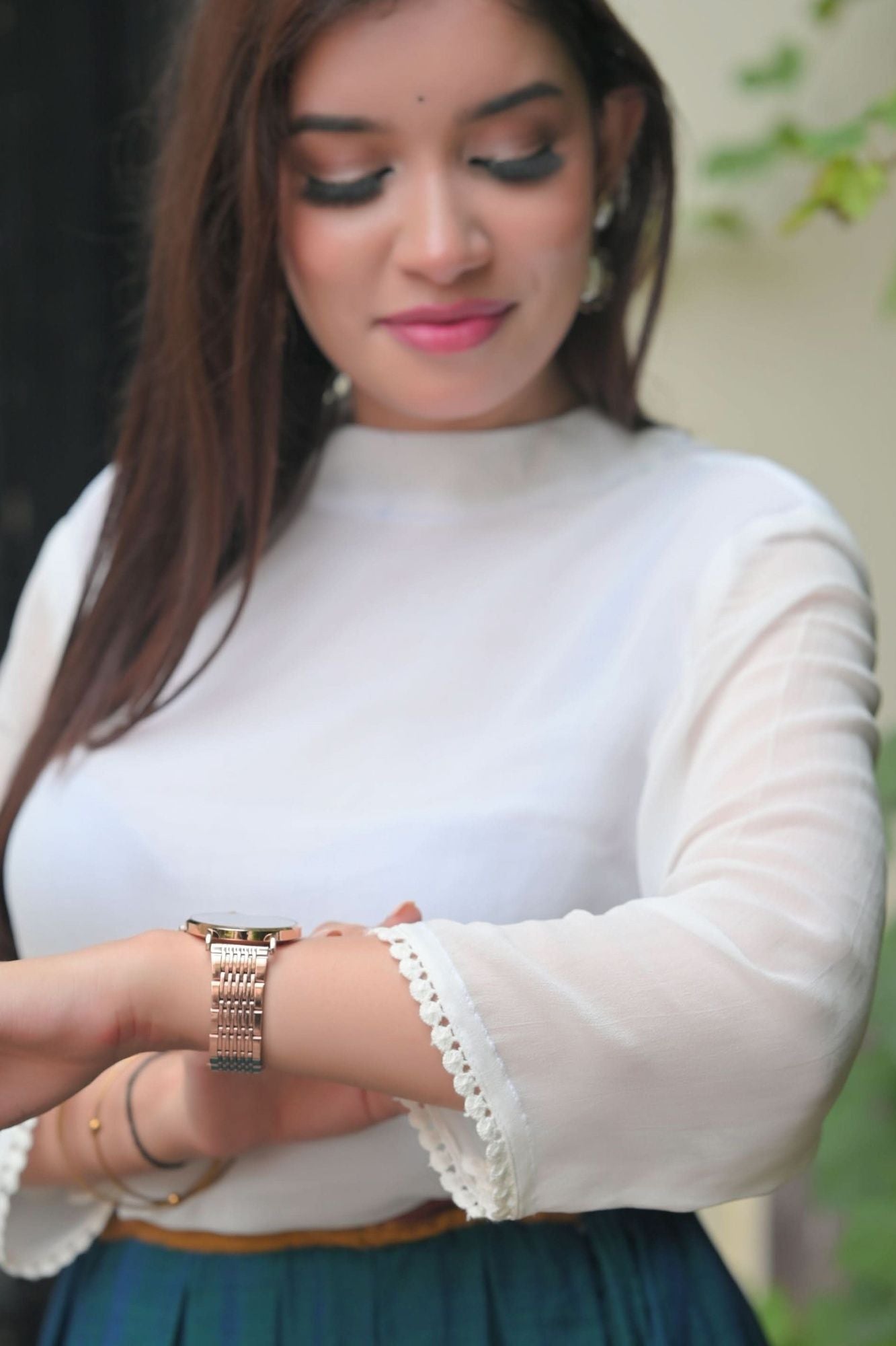 Moor Hues - Peacock Blue Green Pleated skirt with White Georgette Top | Made To Order