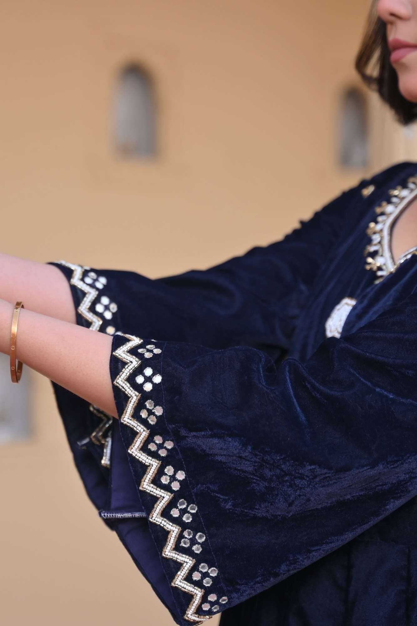 Midnight blue Nargis Velvet anarkali Set with Lace detailing border, 3 PIece Set | Made To Order