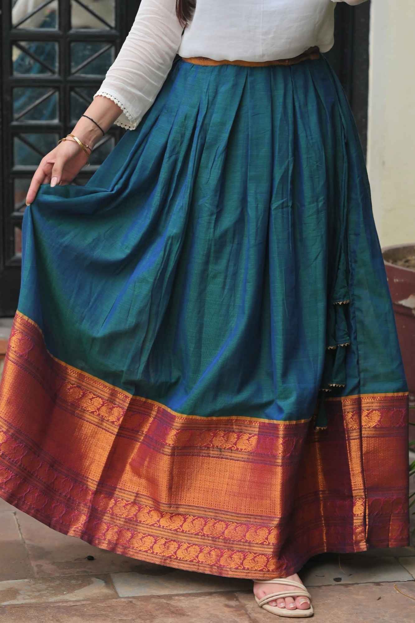 Moor Hues - Peacock Blue Green Pleated skirt with White Georgette Top | Made To Order