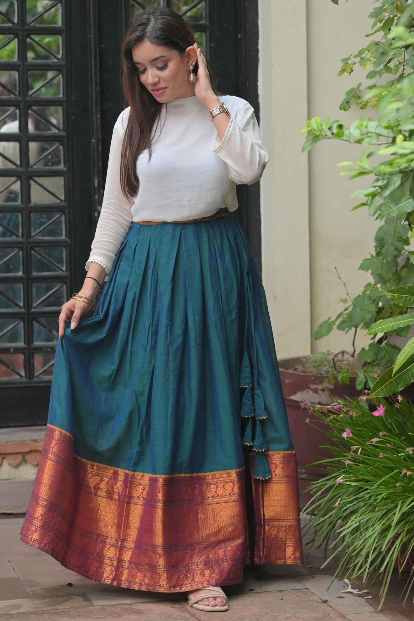 Moor Hues - Peacock Blue Green Pleated skirt with White Georgette Top | Made To Order