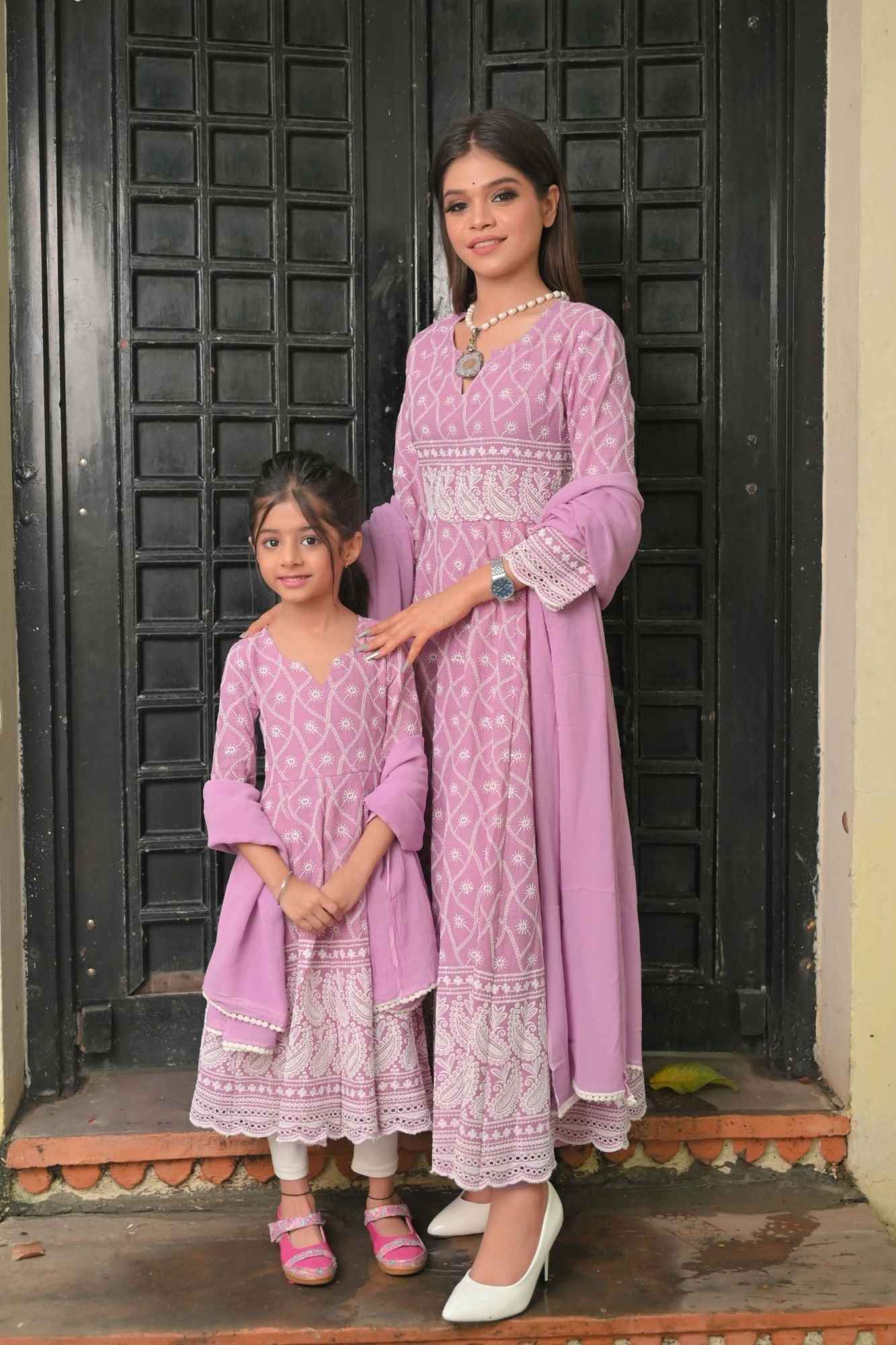 Orchid Chikankari Style Anarkali 3 Piece Set for Women, Kid Twinning option available | Made To Order