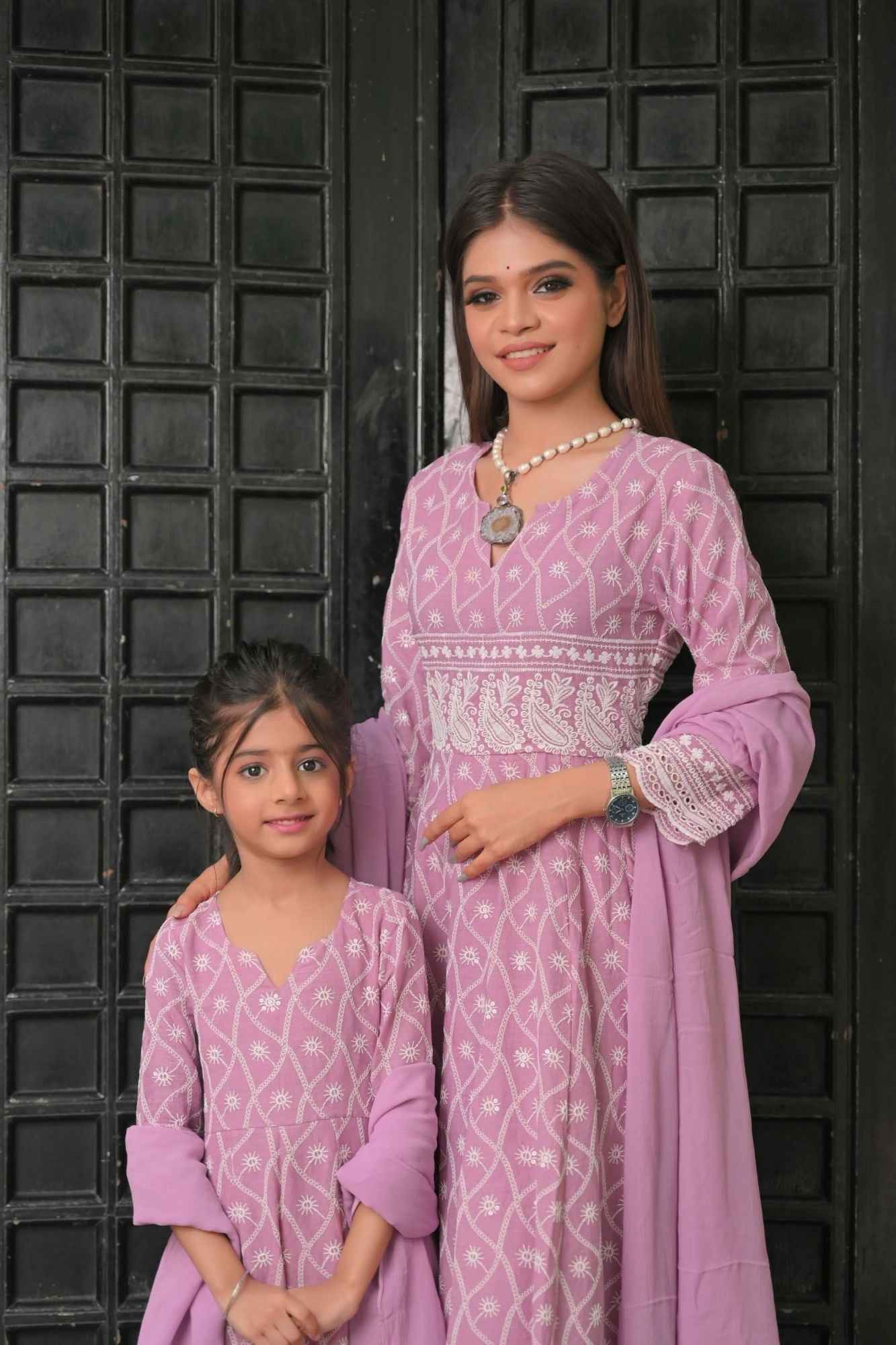 Orchid Chikankari Style Anarkali 3 Piece Set for Women, Kid Twinning option available | Made To Order