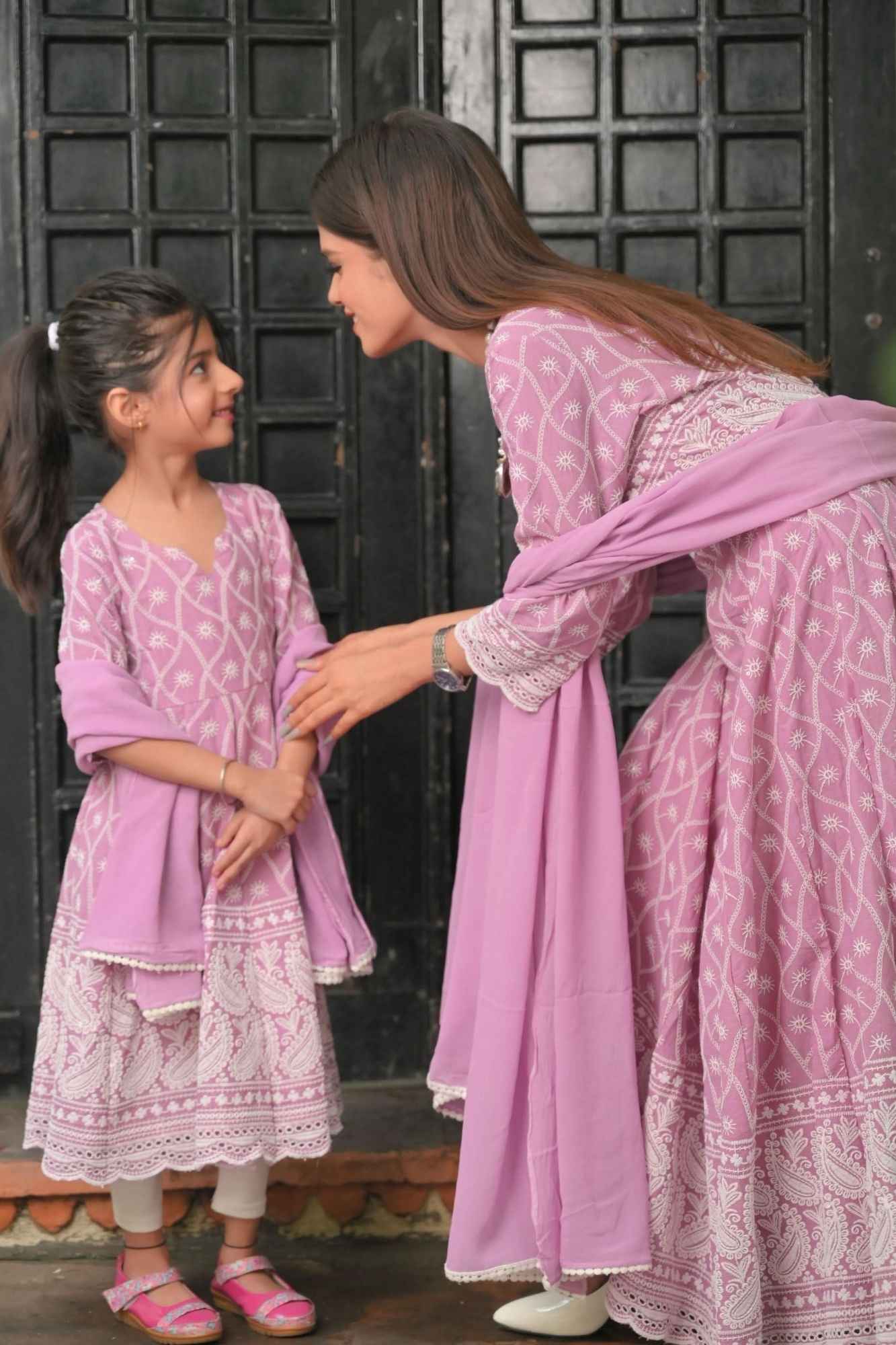 Orchid Chikankari Style Anarkali 3 Piece Set for Women, Kid Twinning option available | Made To Order