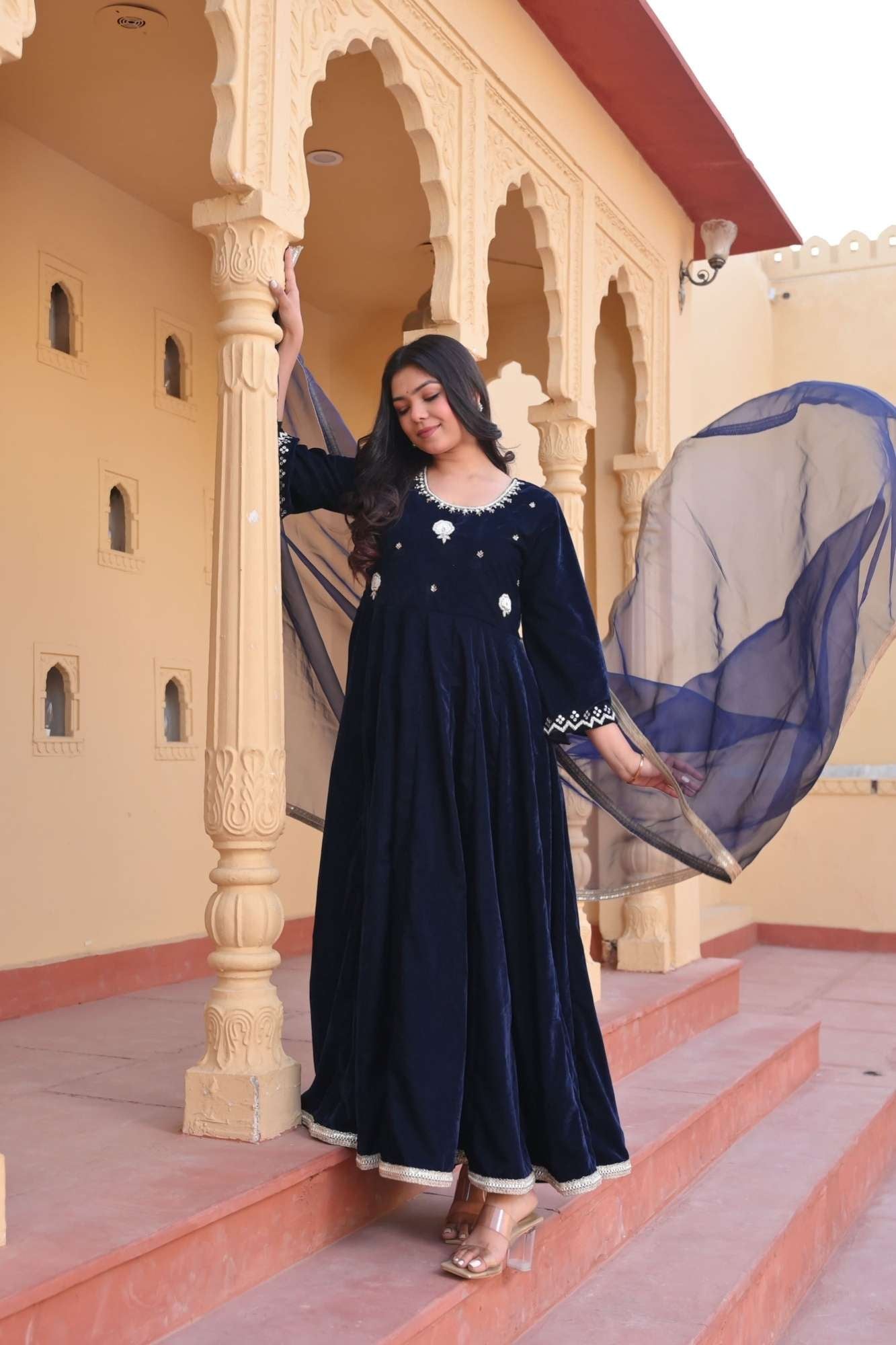 Midnight blue Nargis Velvet anarkali Set with Lace detailing border, 3 PIece Set | Made To Order