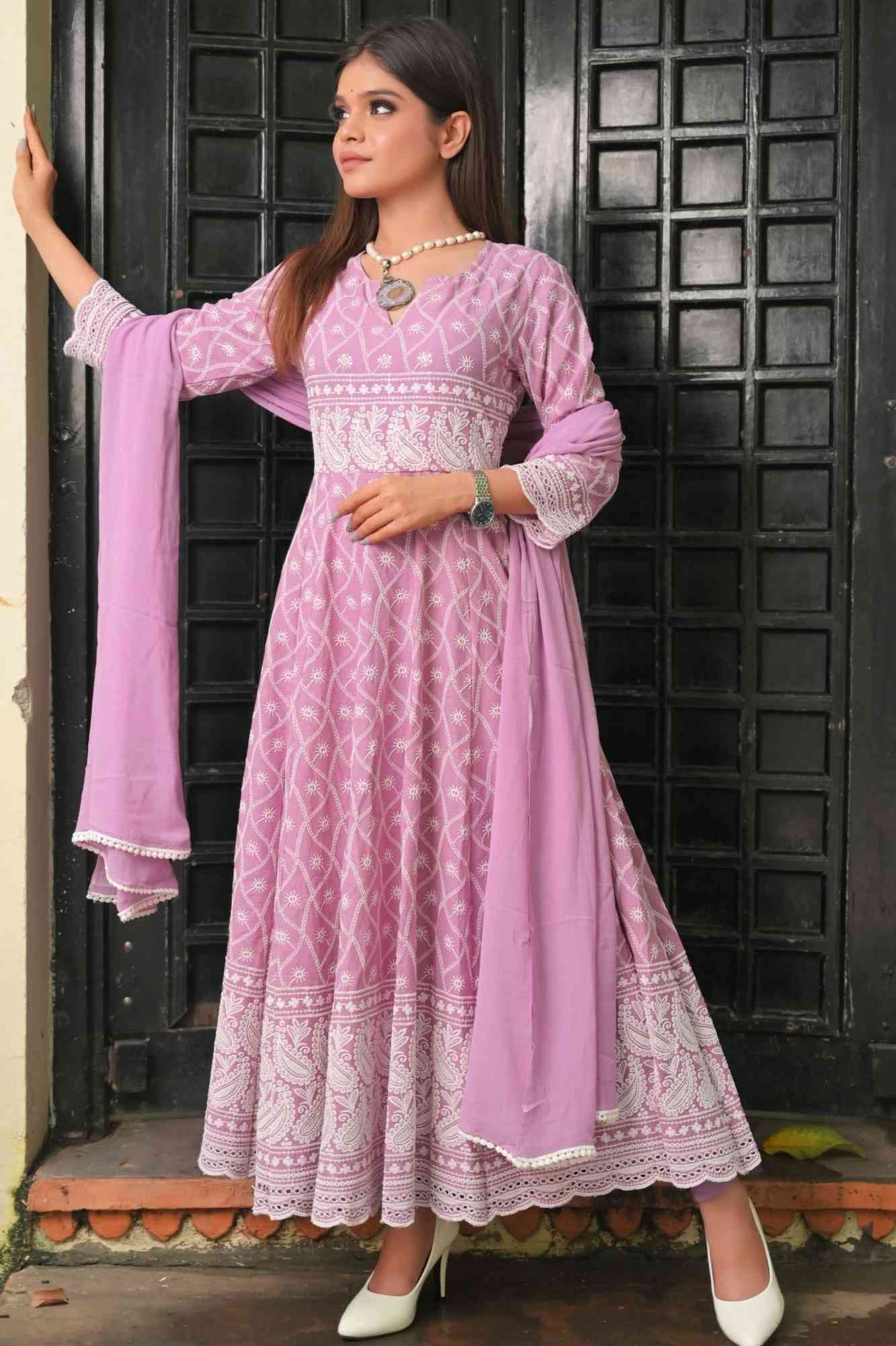 Orchid Chikankari Style Anarkali 3 Piece Set for Women, Kid Twinning option available | Made To Order