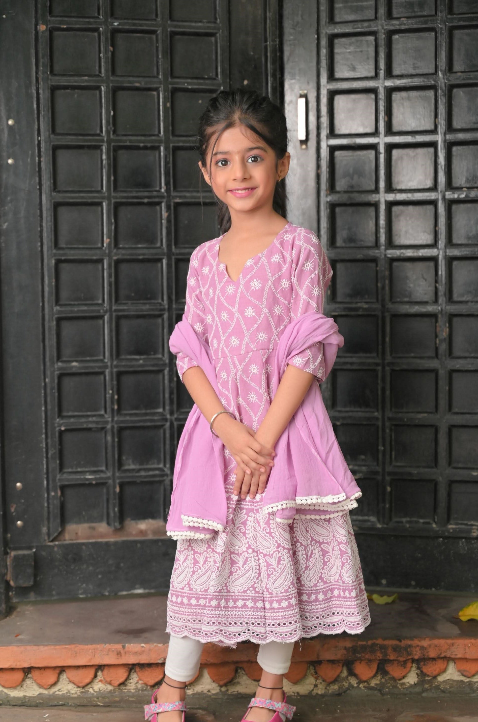 Orchid chikankari anarkali 3 Piece set - twinning option for Girls | Made To Order