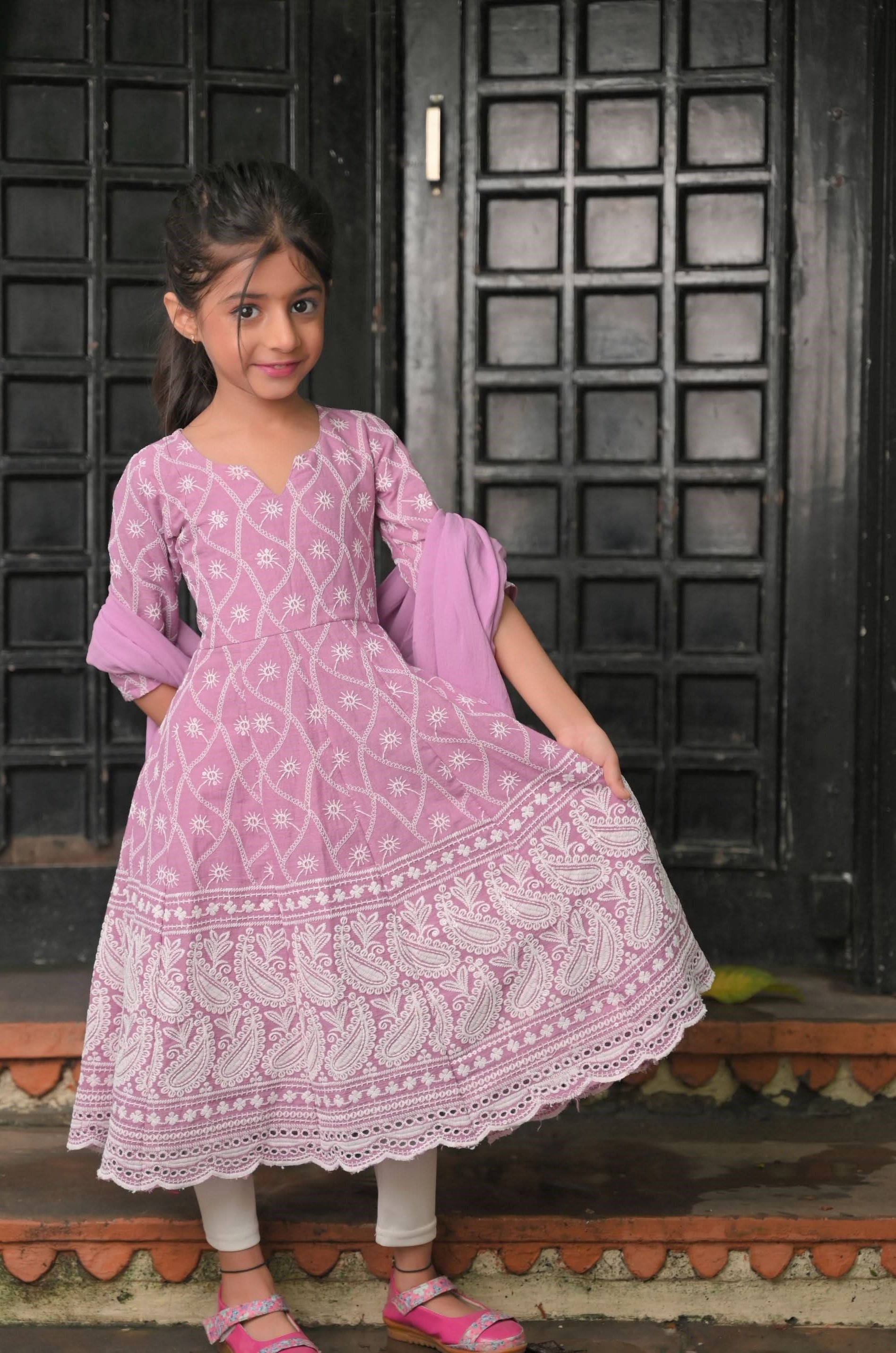 Orchid chikankari anarkali 3 Piece set - twinning option for Girls | Made To Order