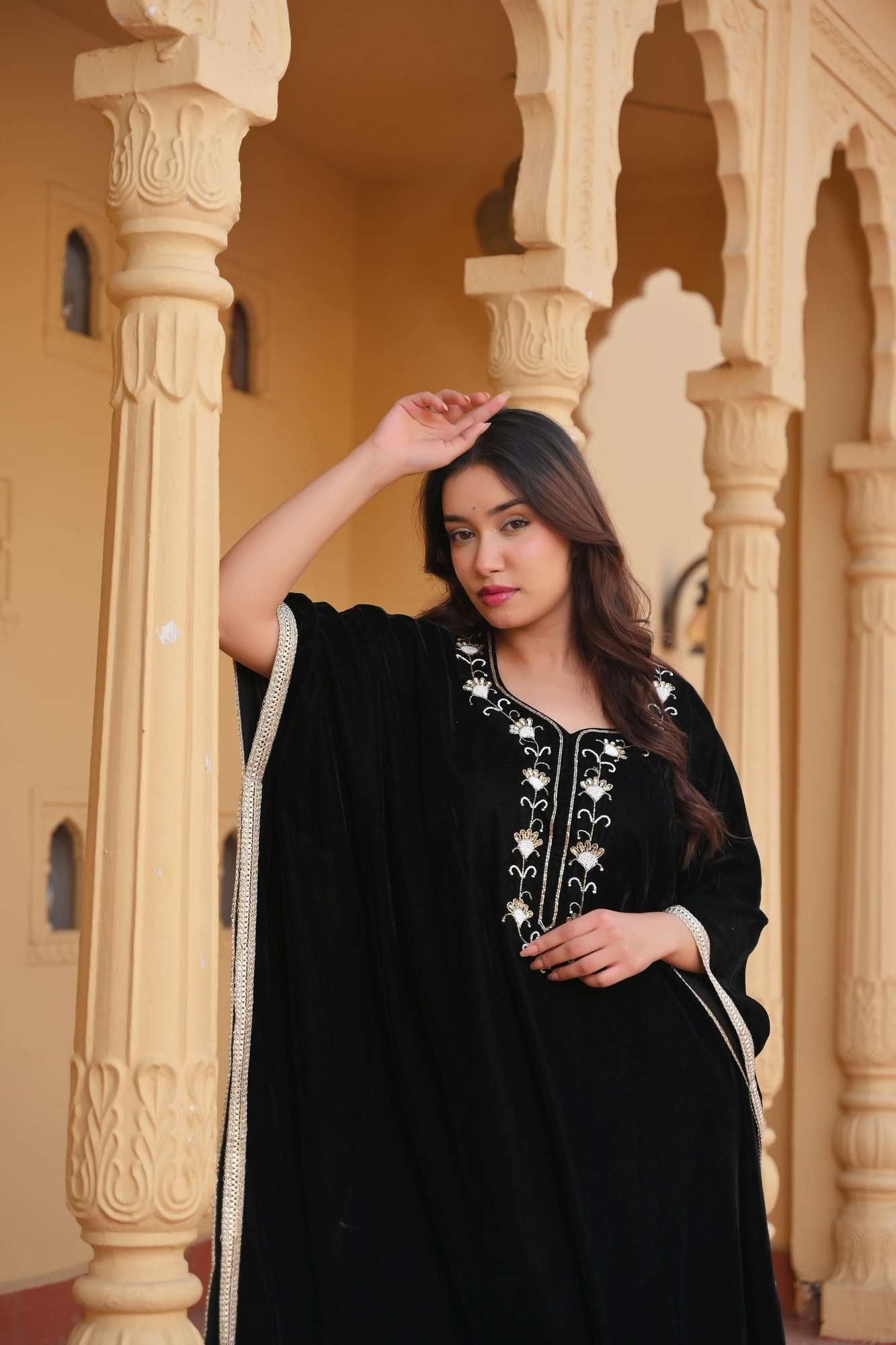 Zeenat Velvet Kaftan with lace border detailing in Black | Made To Order