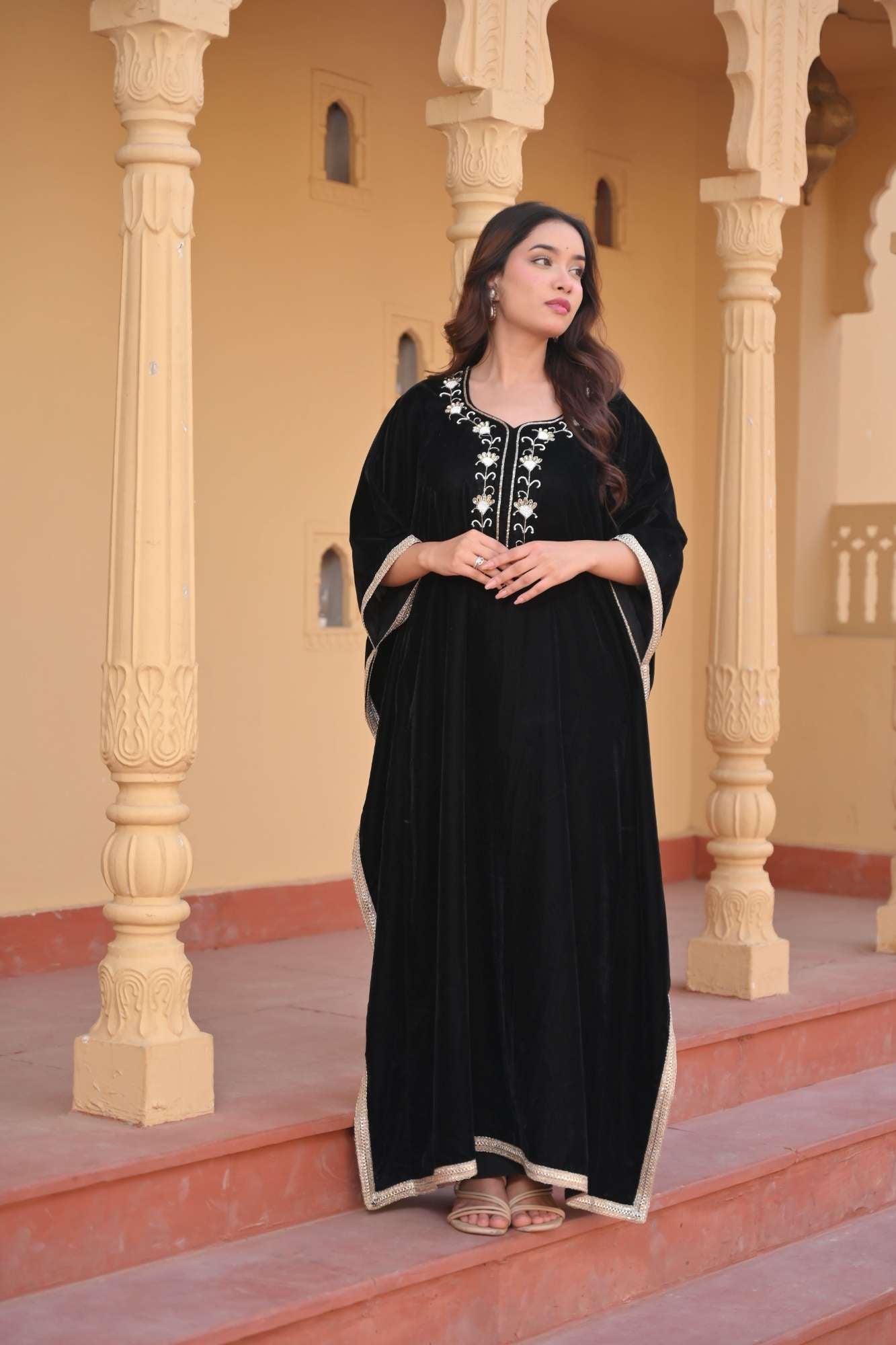Zeenat Velvet Kaftan with lace border detailing in Black | Made To Order