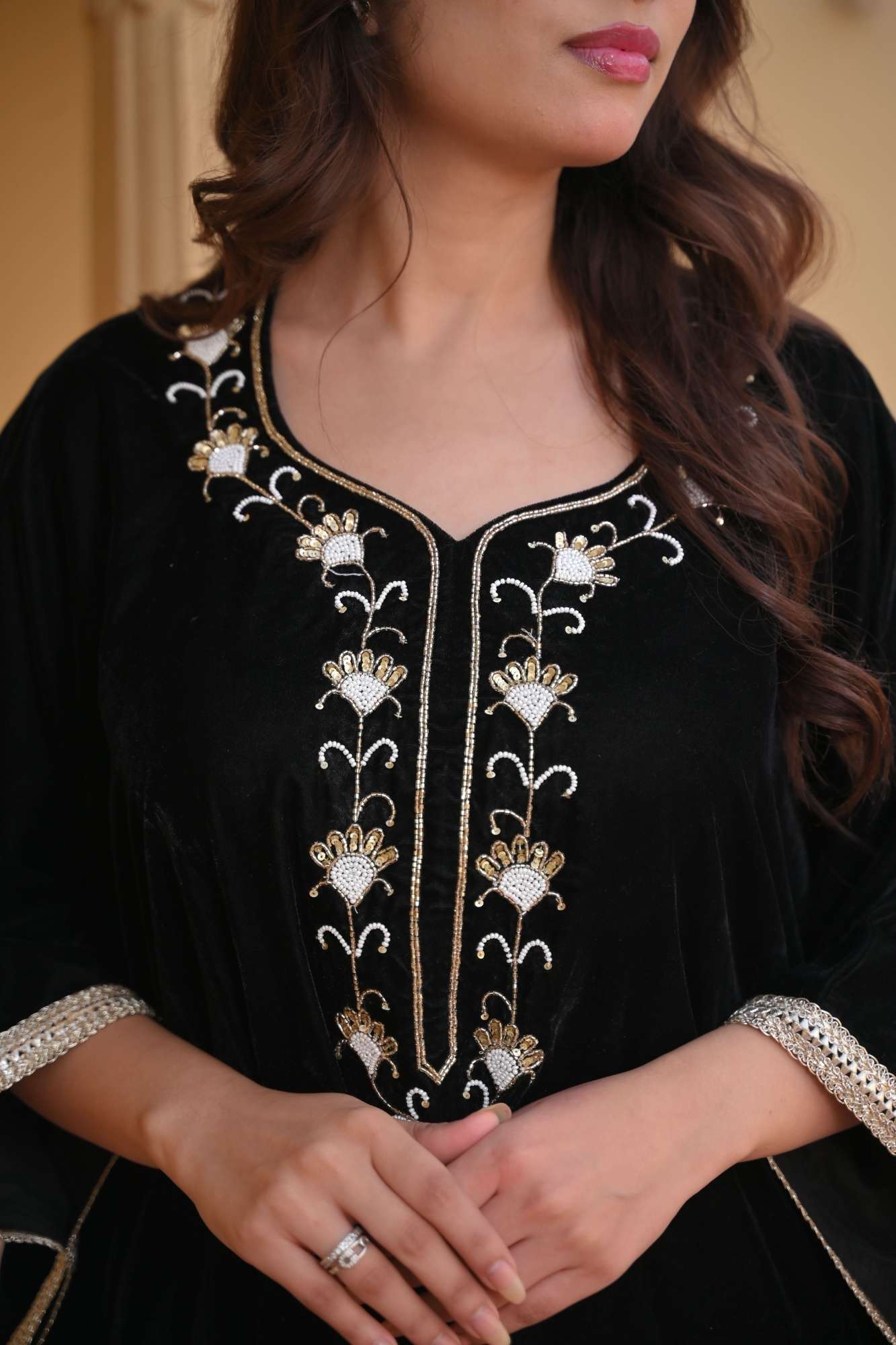 Zeenat Velvet Kaftan with lace border detailing in Black | Made To Order