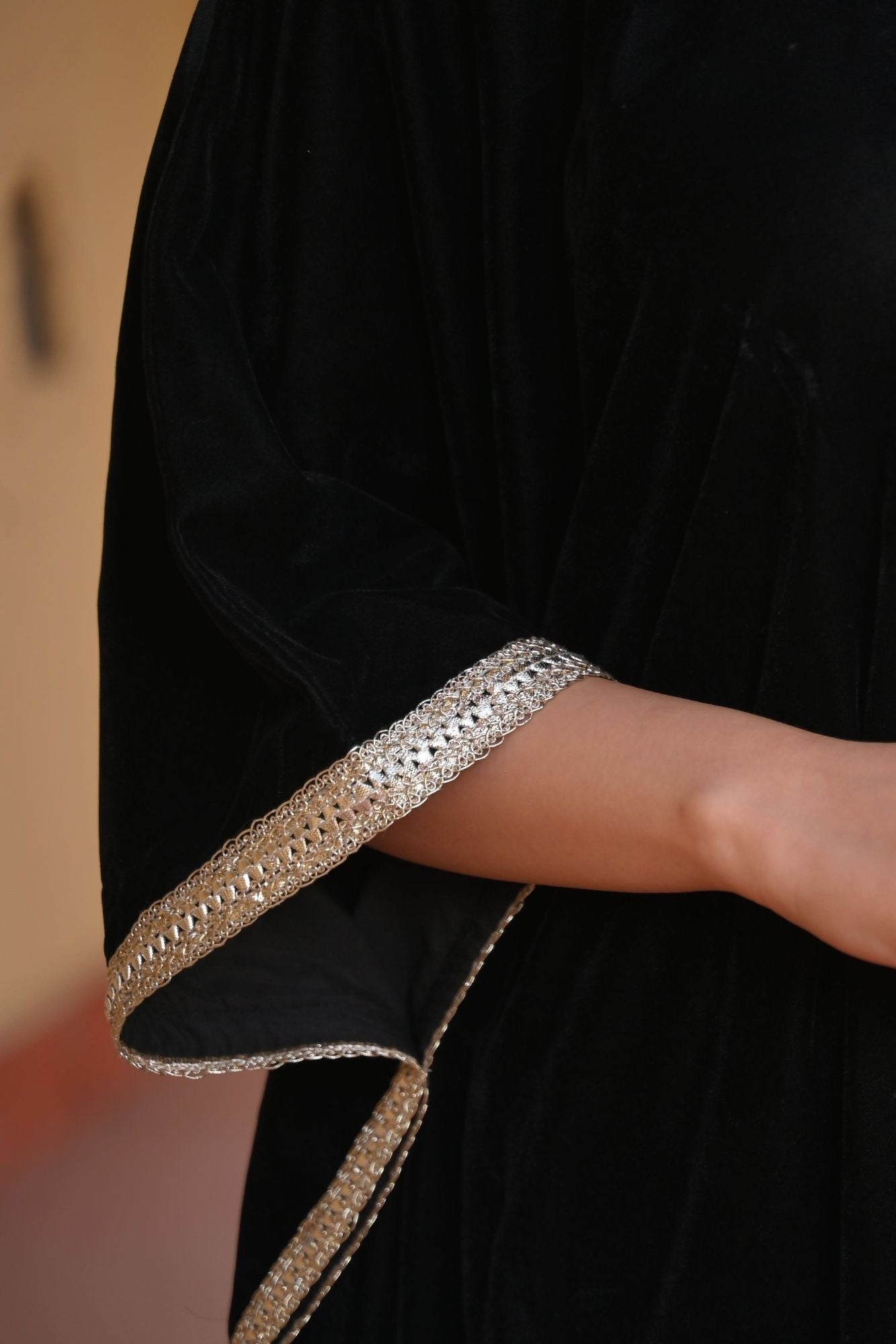 Zeenat Velvet Kaftan with lace border detailing in Black | Made To Order