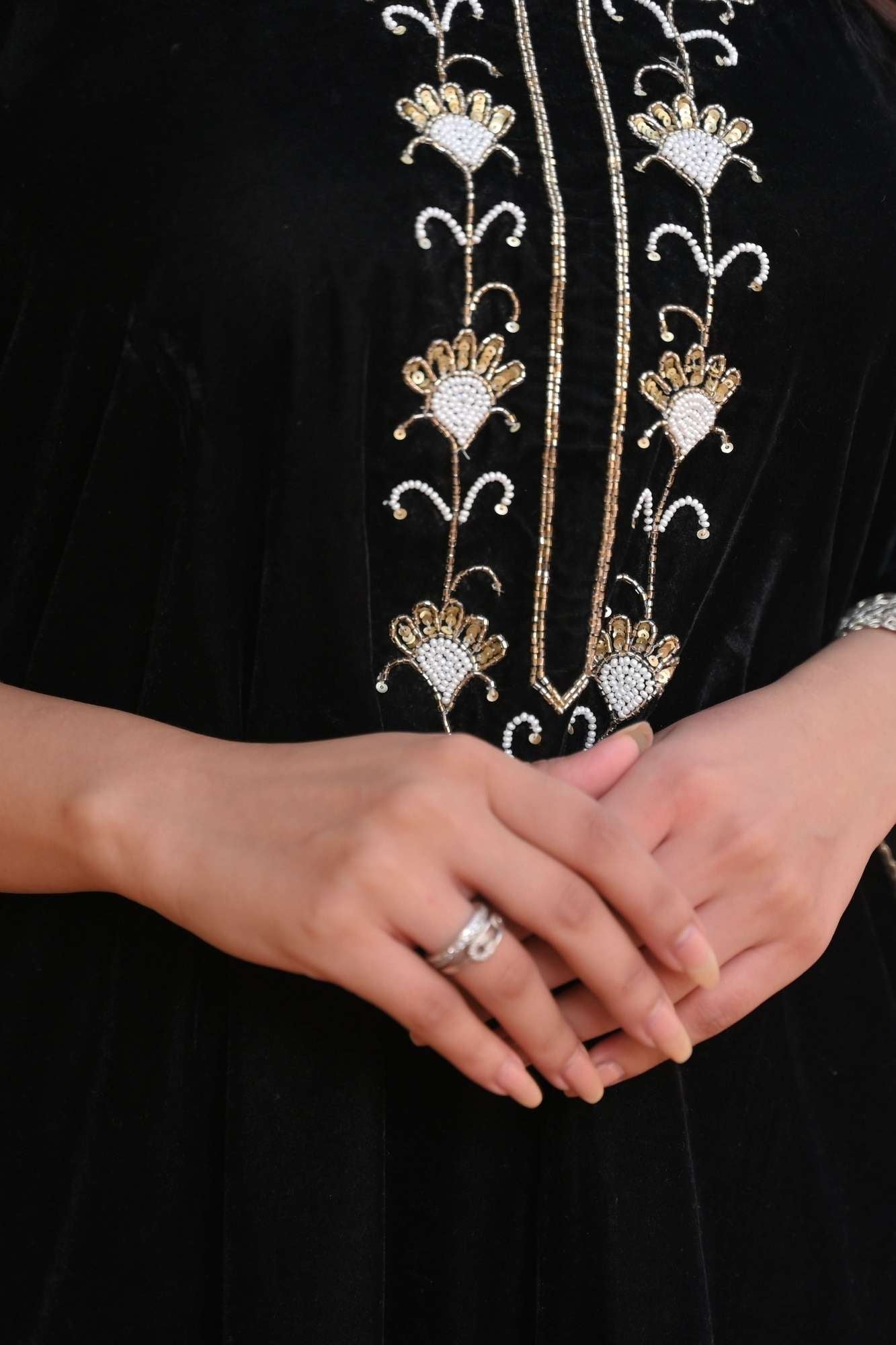 Zeenat Velvet Kaftan with lace border detailing in Black | Made To Order