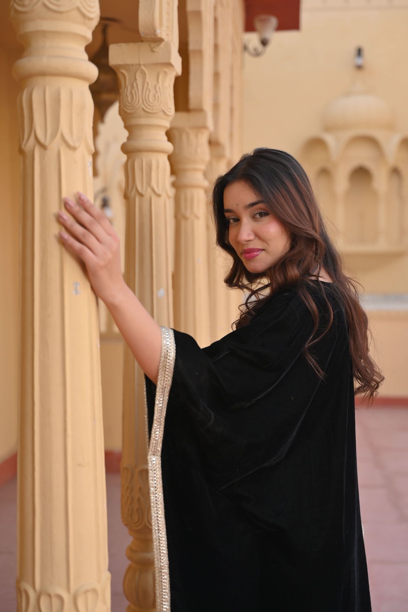 Zeenat Velvet Kaftan with lace border detailing in Black | Made To Order