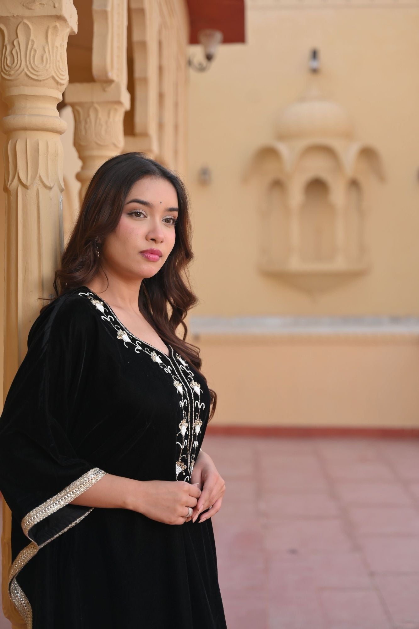 Zeenat Velvet Kaftan with lace border detailing in Black | Made To Order