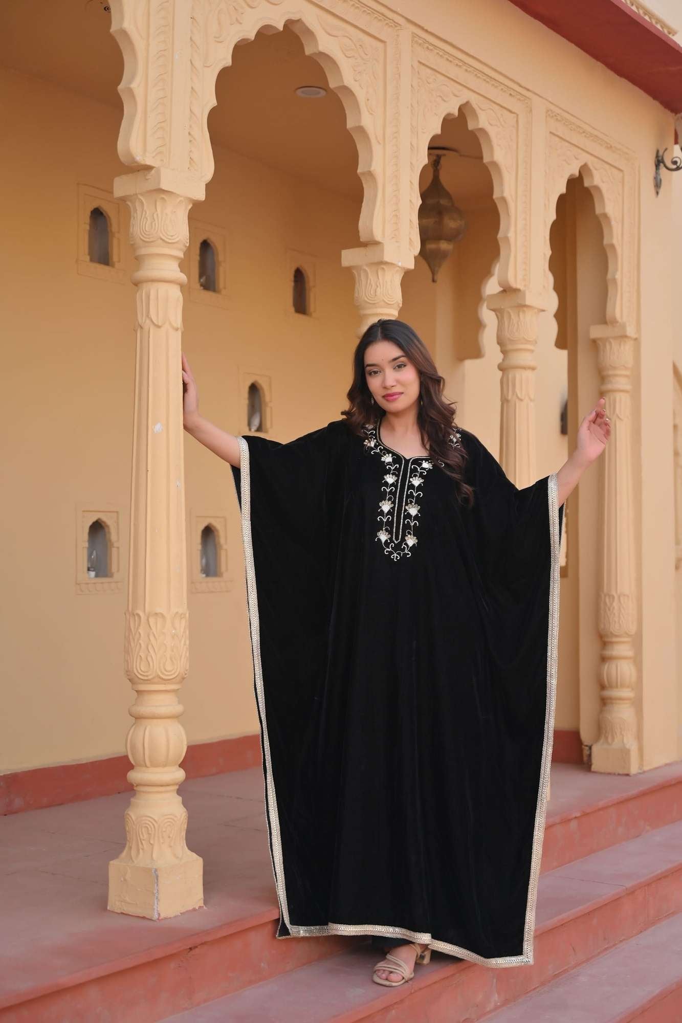 Zeenat Velvet Kaftan with lace border detailing in Black | Made To Order