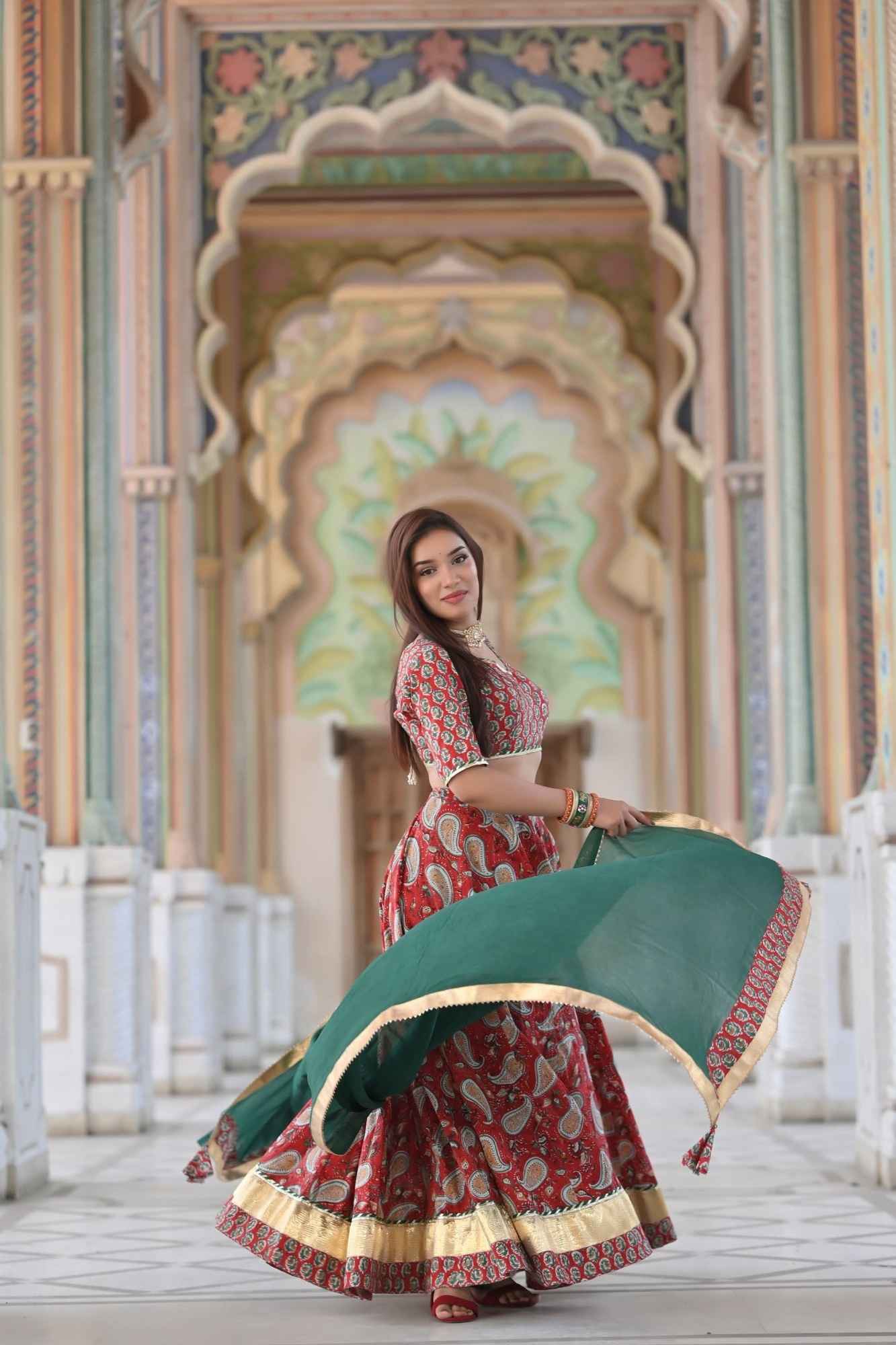 Red Paisley Lehenga handcrafted with hand block print cotton | Made To Order