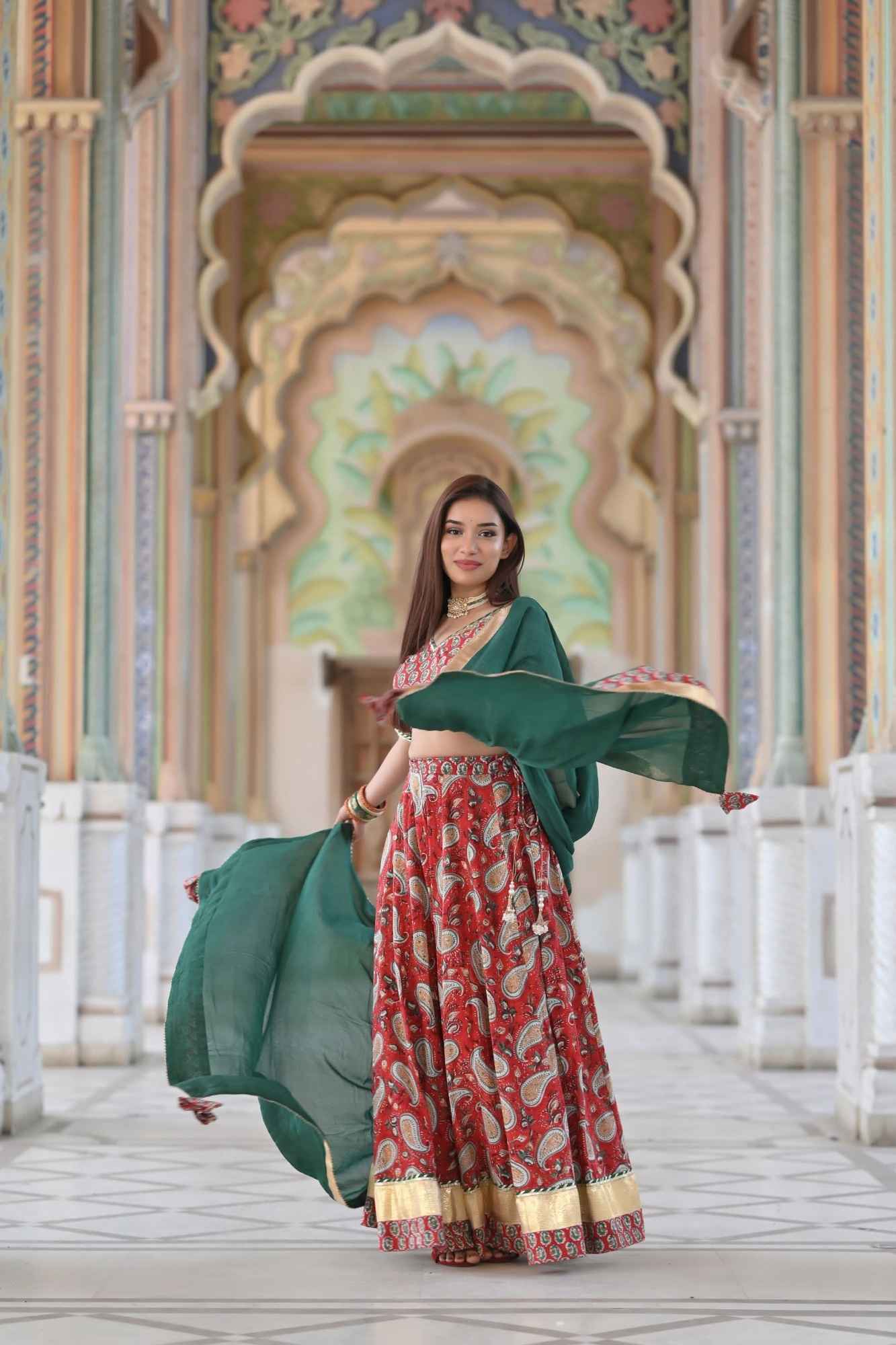 Red Paisley Lehenga handcrafted with hand block print cotton | Made To Order
