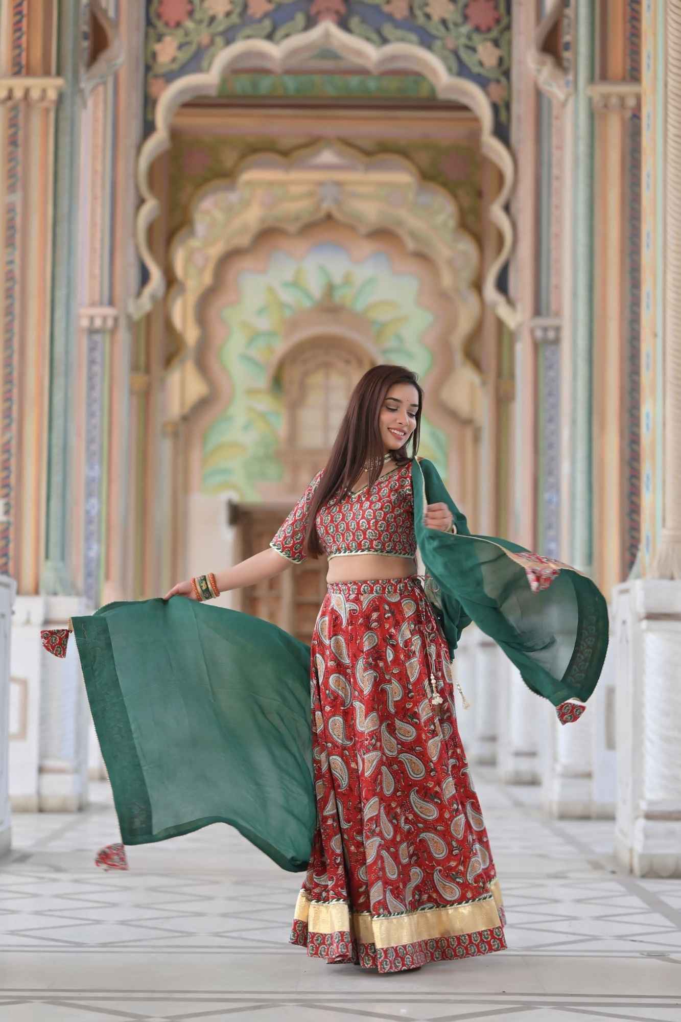 Red Paisley Lehenga handcrafted with hand block print cotton | Made To Order