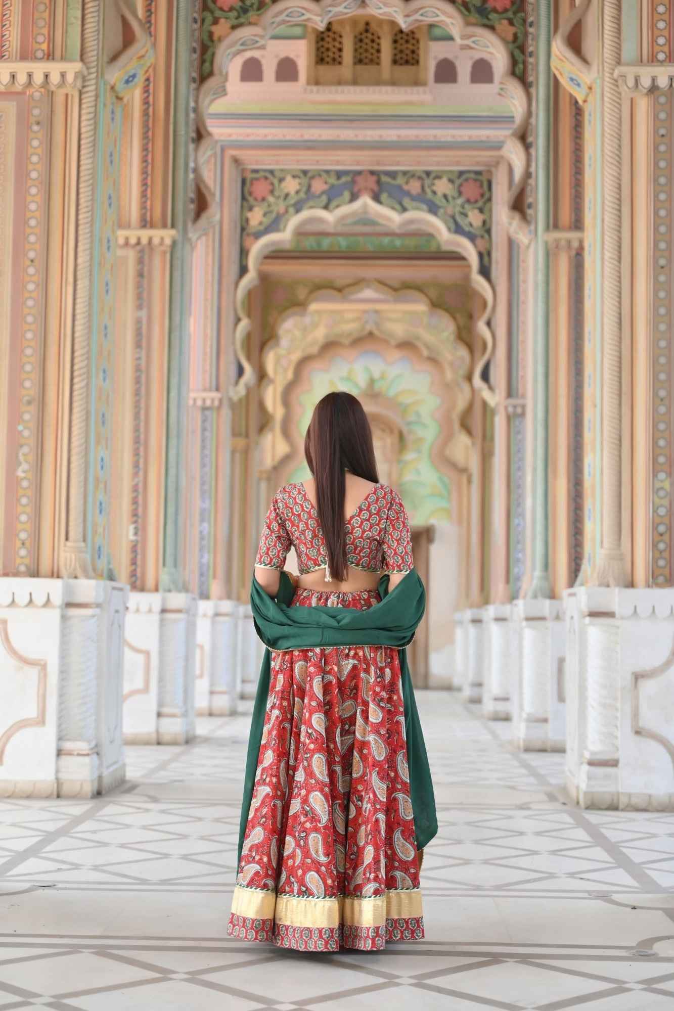 Red Paisley Lehenga handcrafted with hand block print cotton | Made To Order