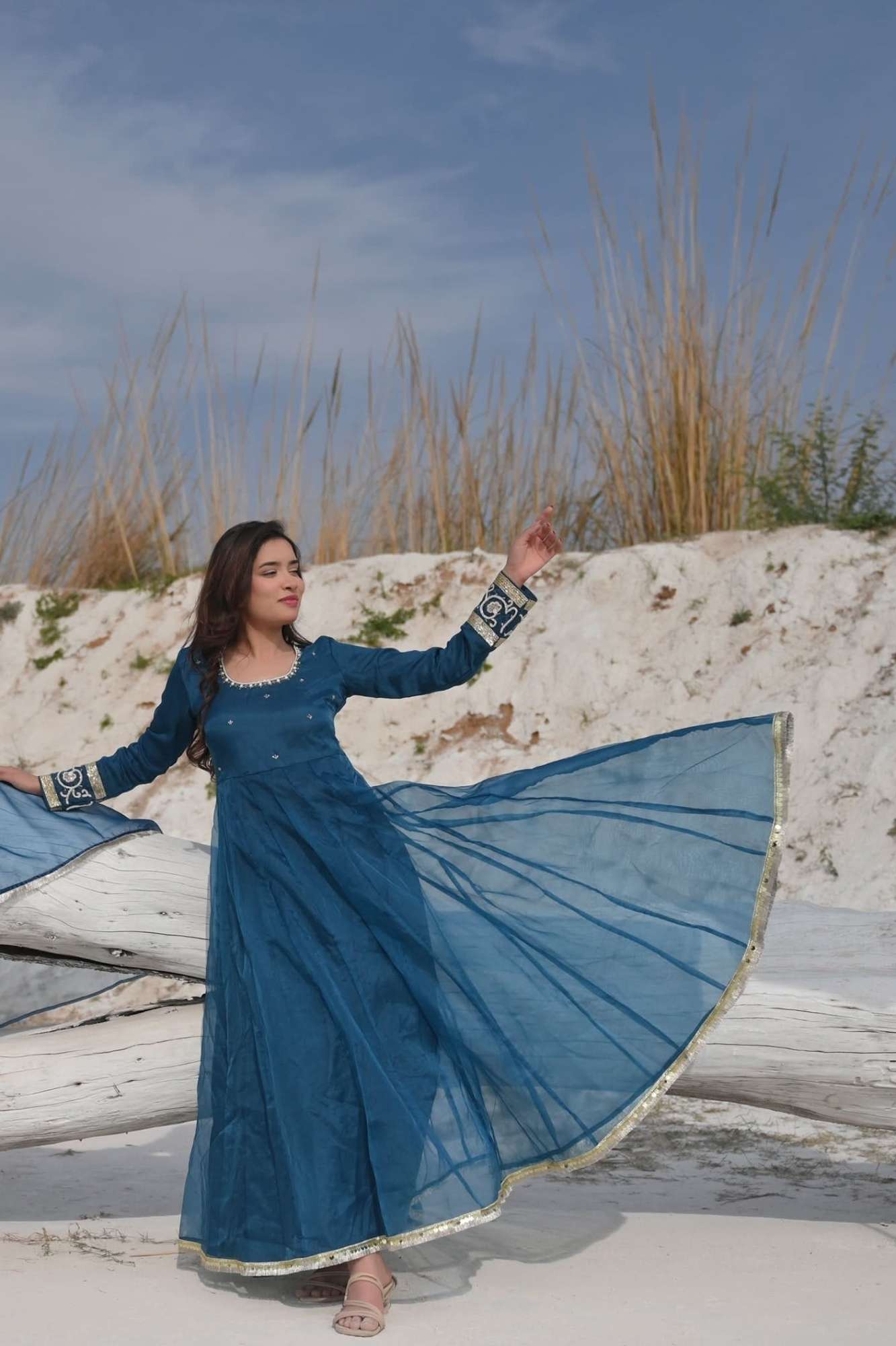 Tarini Teal organza anarkali 3 piece Set with Lace detailing border and dana, sequins bead embroidery| Made To Order