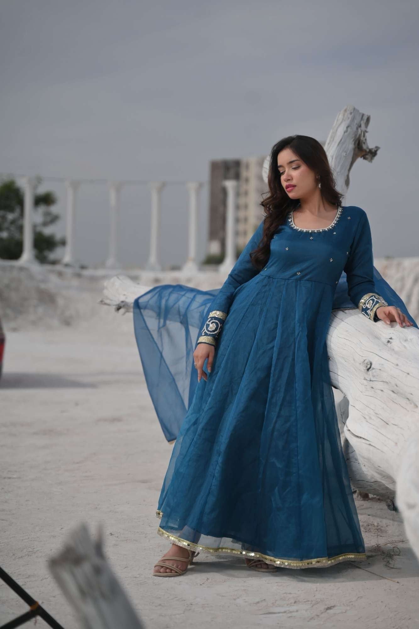 Tarini Teal organza anarkali 3 piece Set with Lace detailing border and dana, sequins bead embroidery| Made To Order