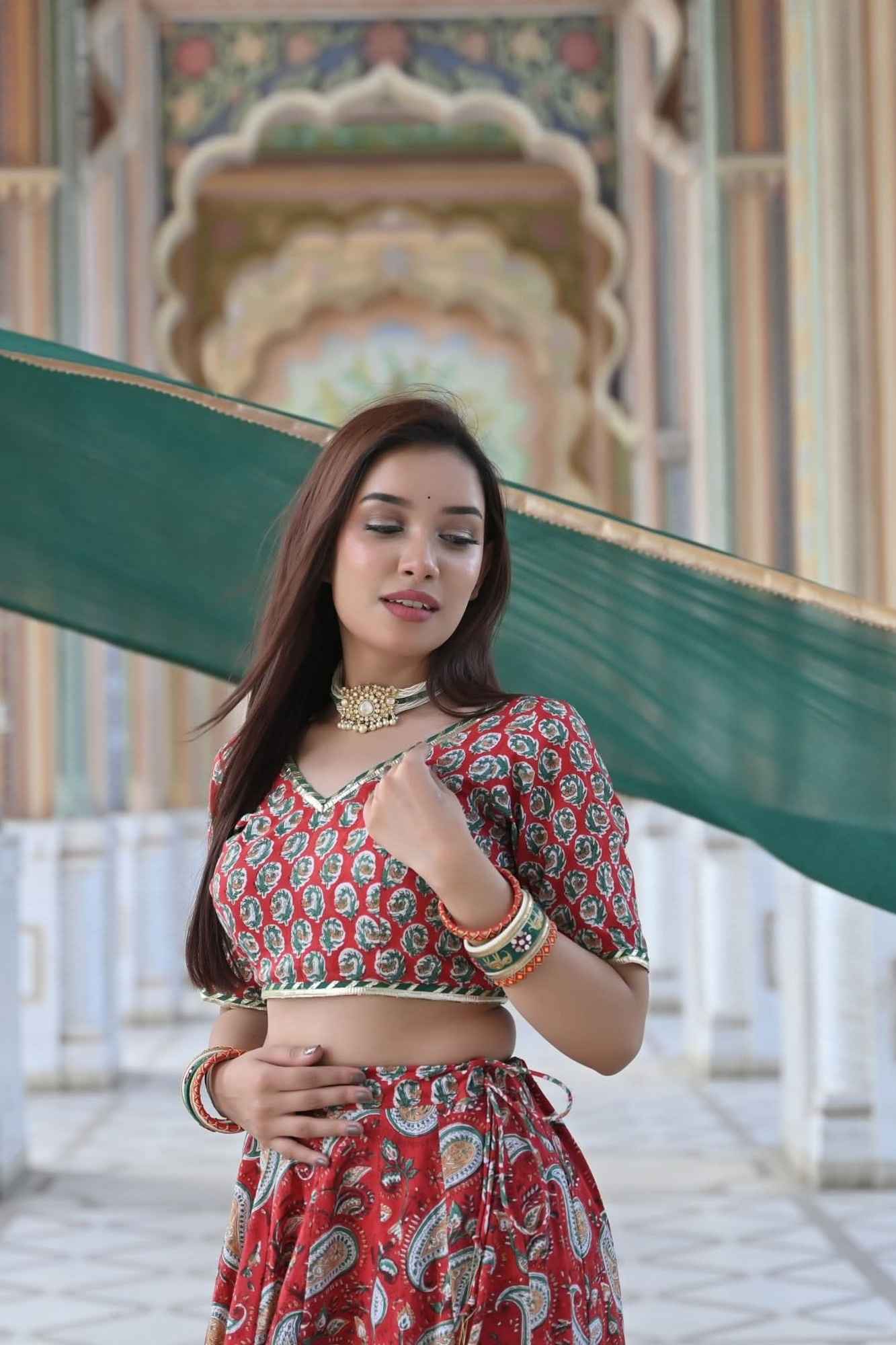 Red Paisley Lehenga handcrafted with hand block print cotton | Made To Order