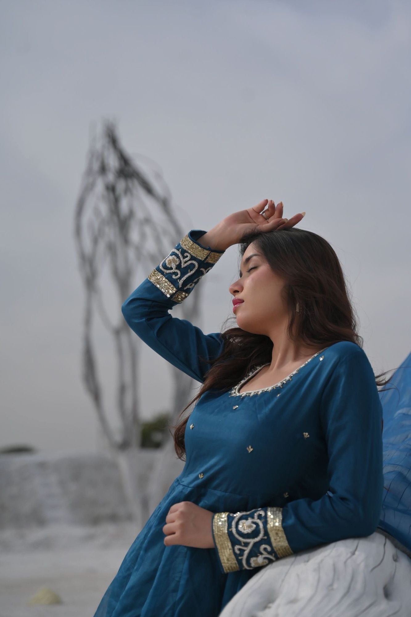 Tarini Teal organza anarkali 3 piece Set with Lace detailing border and dana, sequins bead embroidery| Made To Order