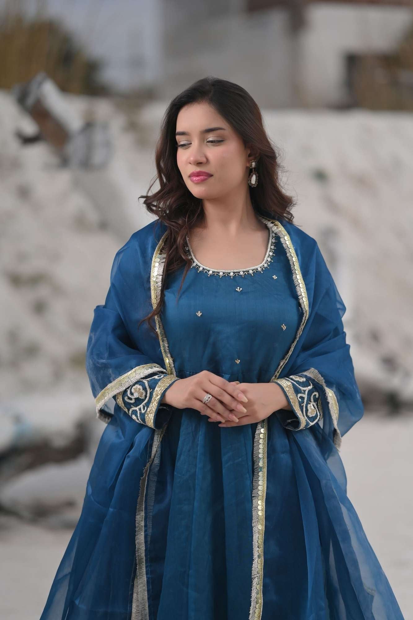 Tarini Teal organza anarkali 3 piece Set with Lace detailing border and dana, sequins bead embroidery| Made To Order