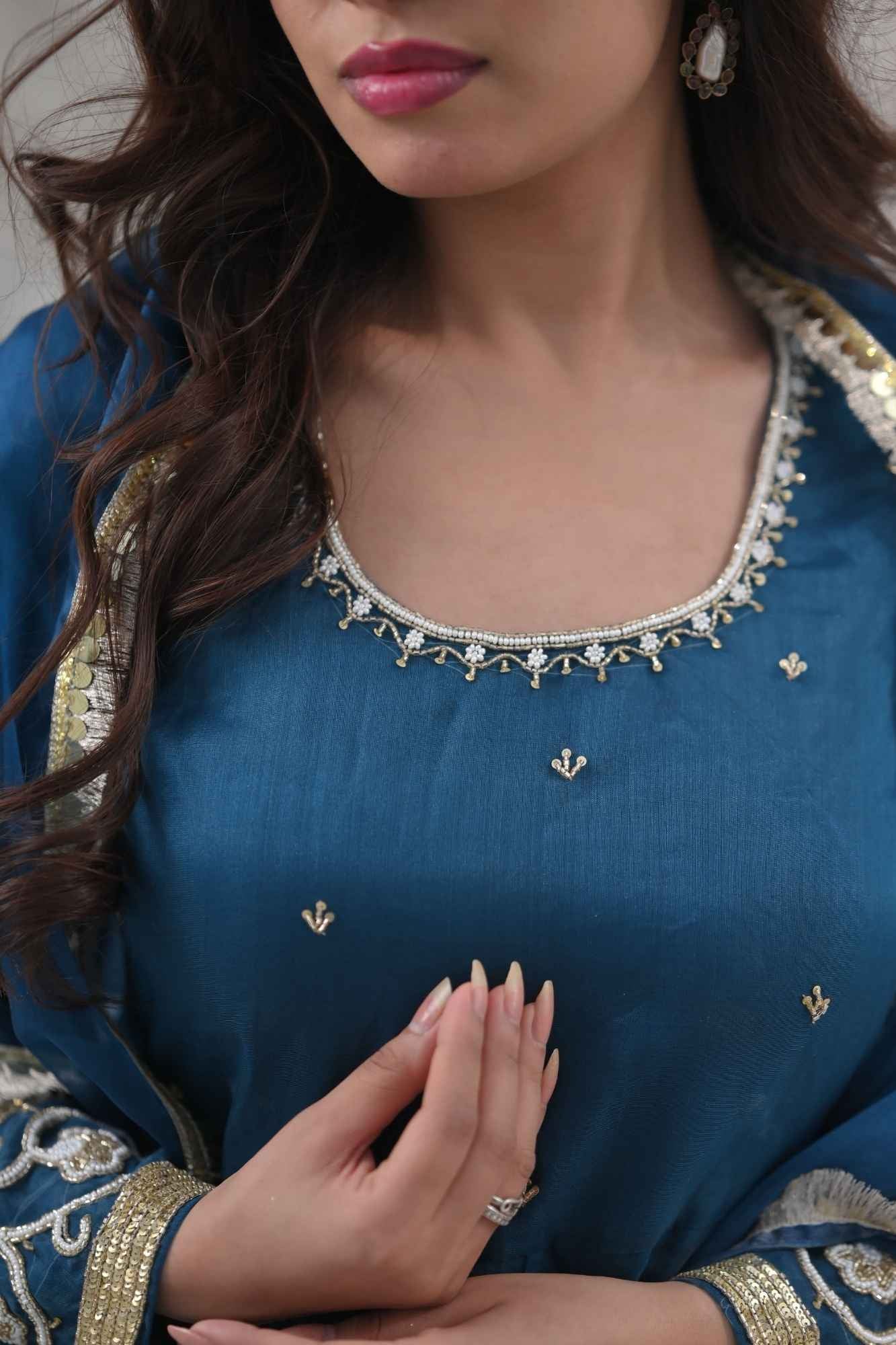 Tarini Teal organza anarkali 3 piece Set with Lace detailing border and dana, sequins bead embroidery| Made To Order