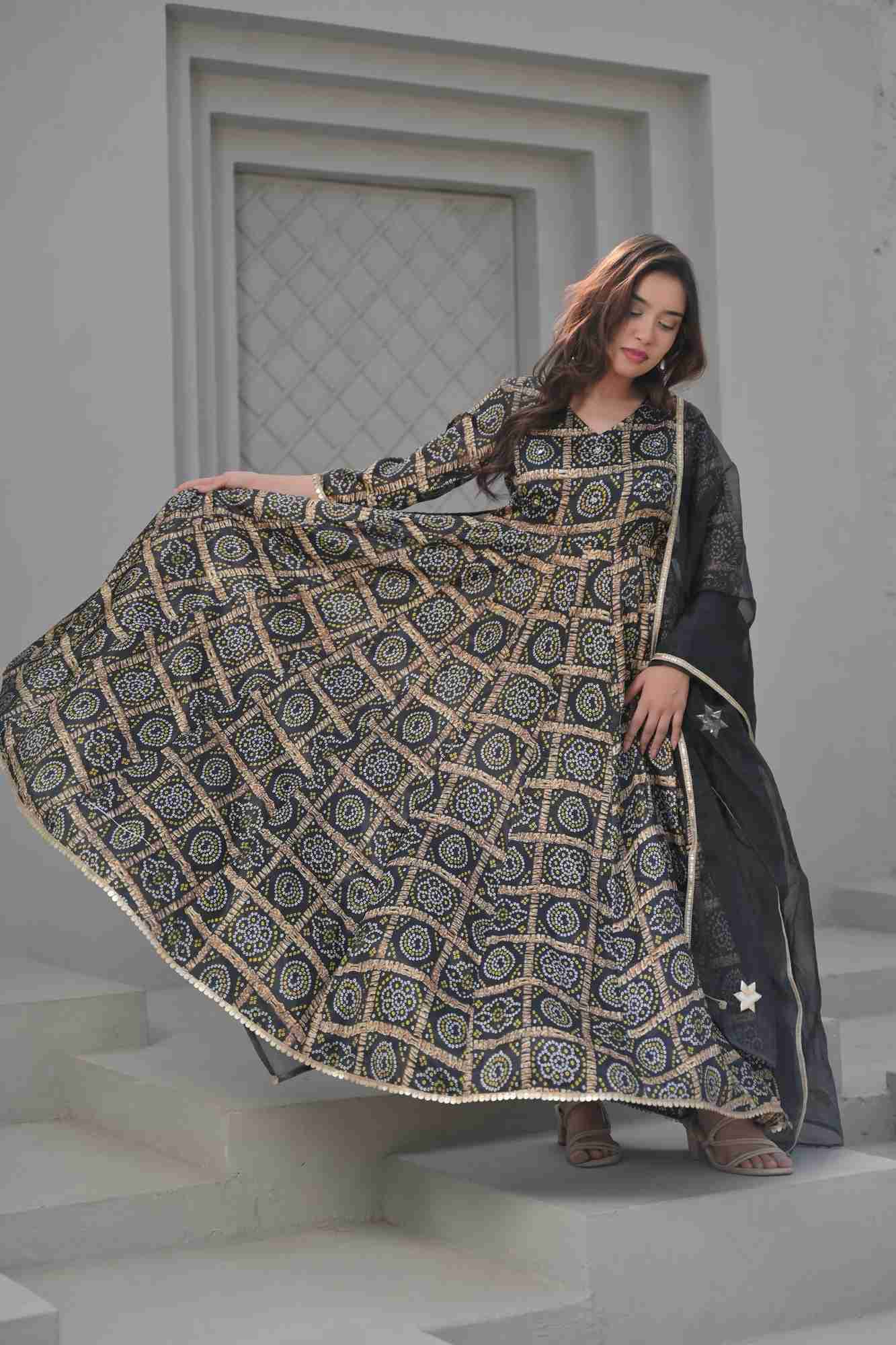 Raina Ankle Length Black Anarkali with Patola Print 3 Piece Set | Made To Order