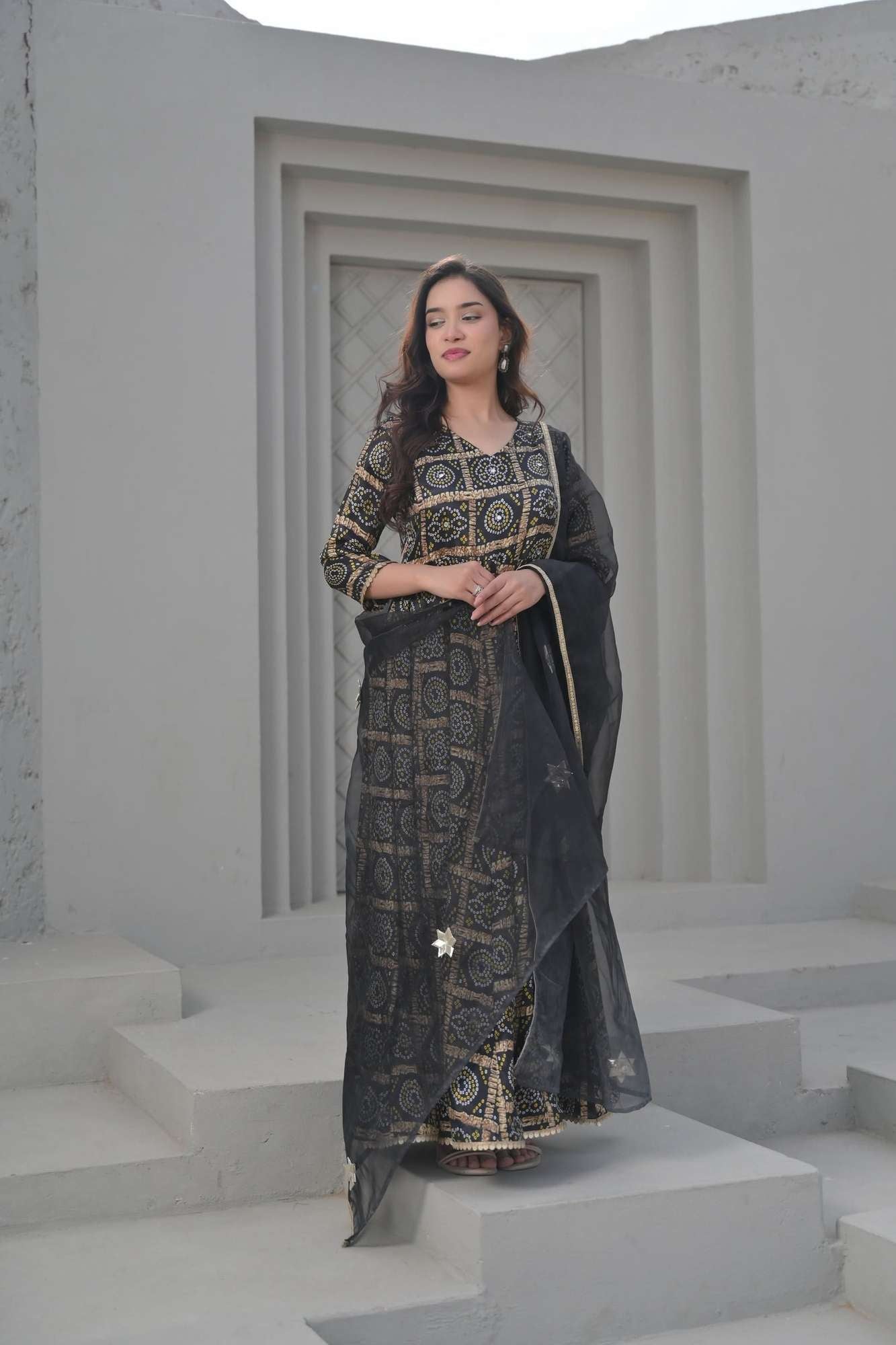 Raina Ankle Length Black Anarkali with Patola Print 3 Piece Set | Made To Order