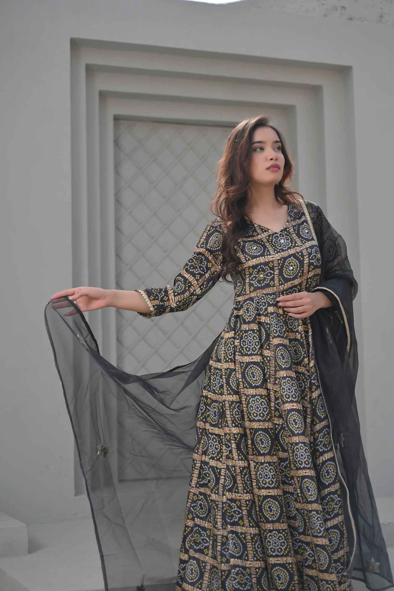 Raina Ankle Length Black Anarkali with Patola Print 3 Piece Set | Made To Order