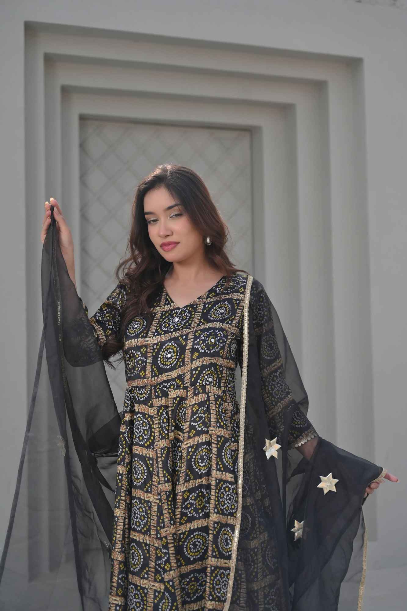 Raina Ankle Length Black Anarkali with Patola Print 3 Piece Set | Made To Order