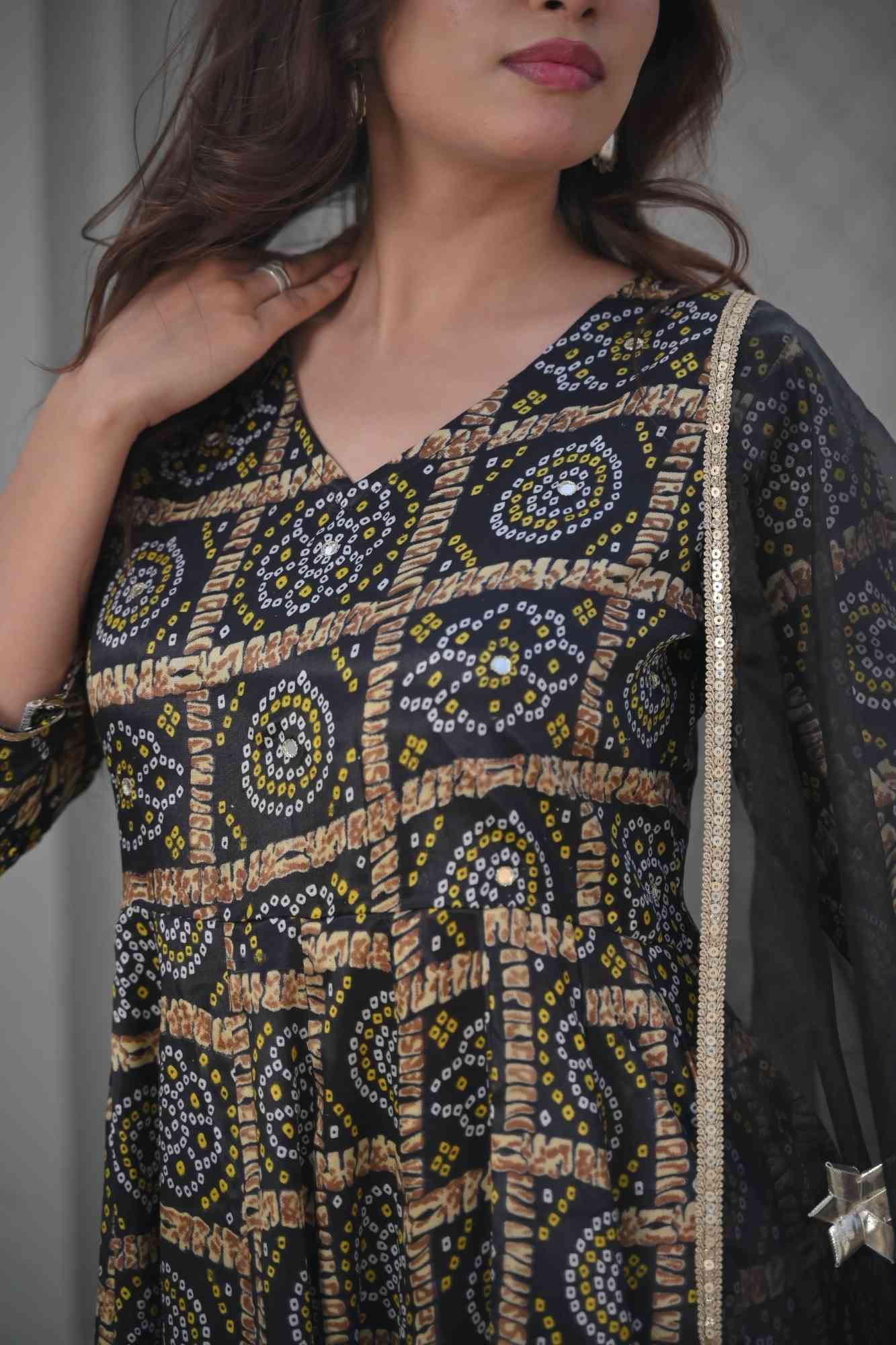 Raina Ankle Length Black Anarkali with Patola Print 3 Piece Set | Made To Order