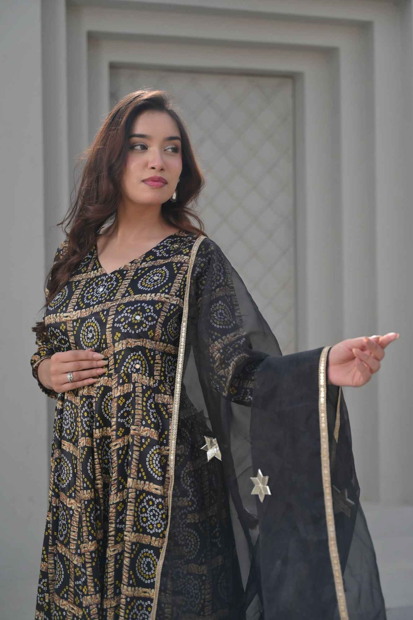 Raina Ankle Length Black Anarkali with Patola Print 3 Piece Set | Made To Order