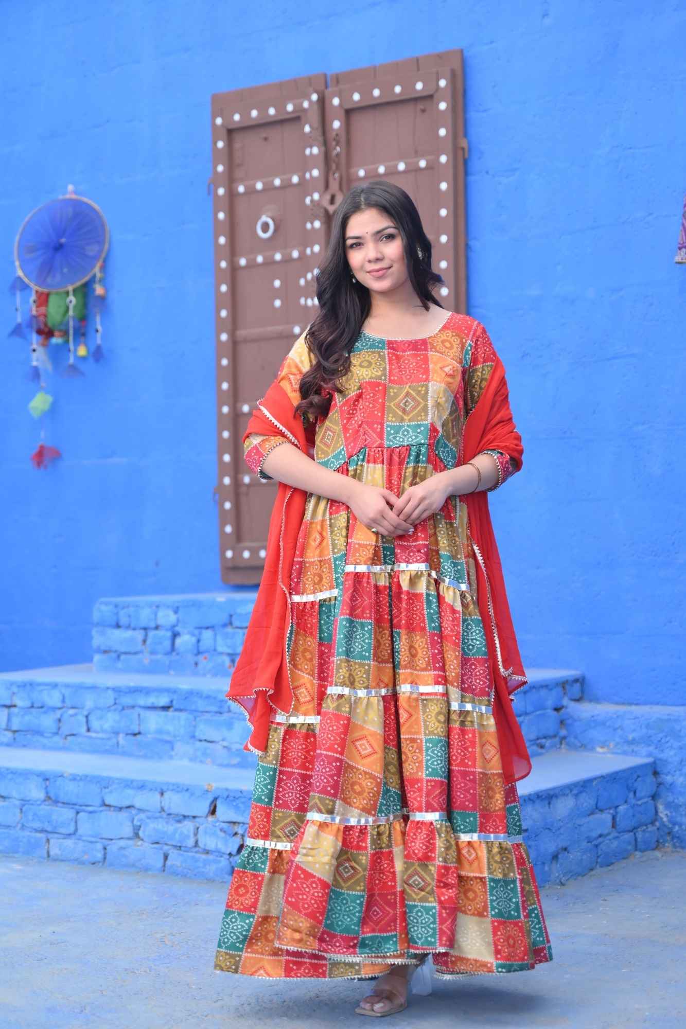 Navya Multicolor Bandhni Print Tiered Anarkali 3 PIece Set | Made To Order