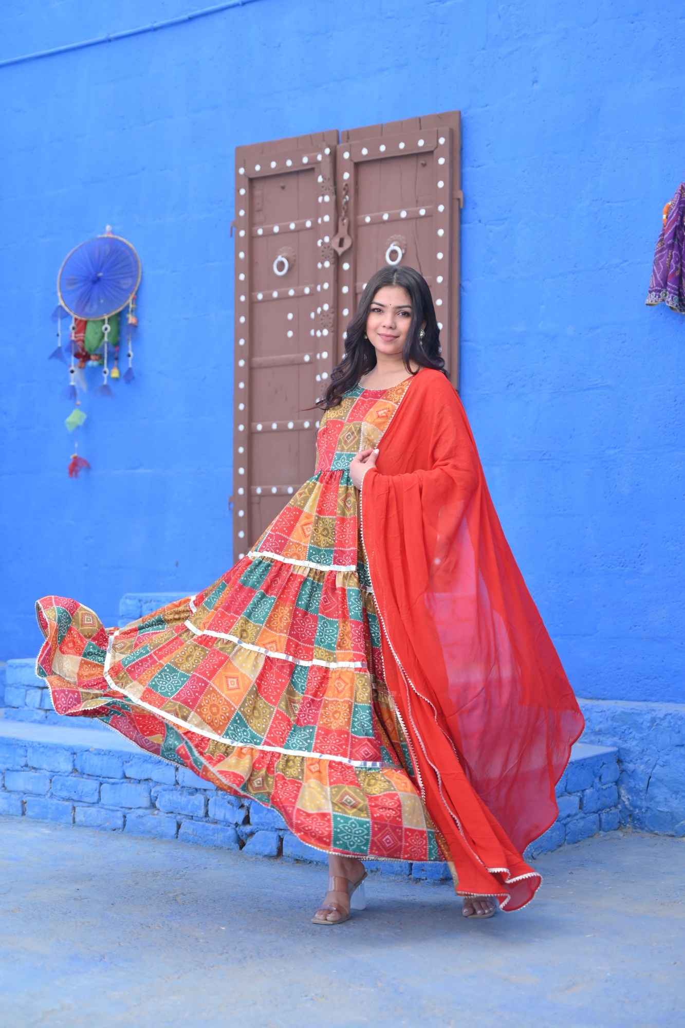 Navya Multicolor Bandhni Print Tiered Anarkali 3 PIece Set | Made To Order