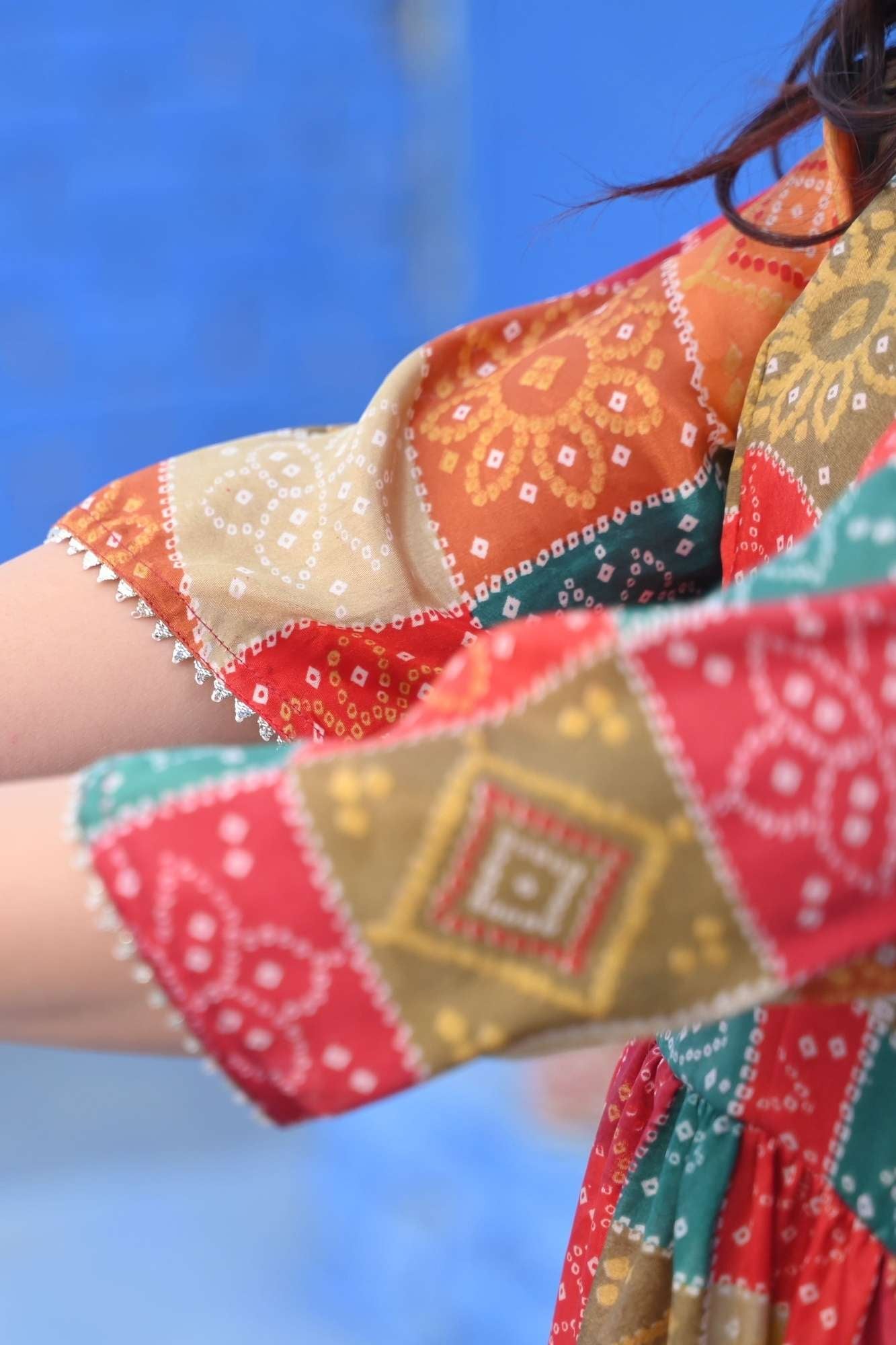 Navya Multicolor Bandhni Print Tiered Anarkali 3 PIece Set | Made To Order