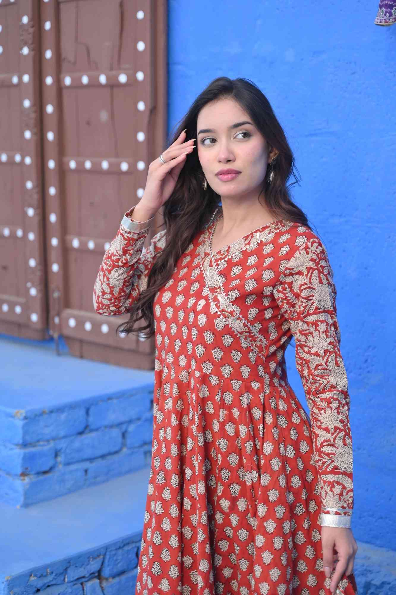 Maati Bagru Block Print Brick Red 6.5 m Flare Anarkali 3 Piece Set | Made To Order