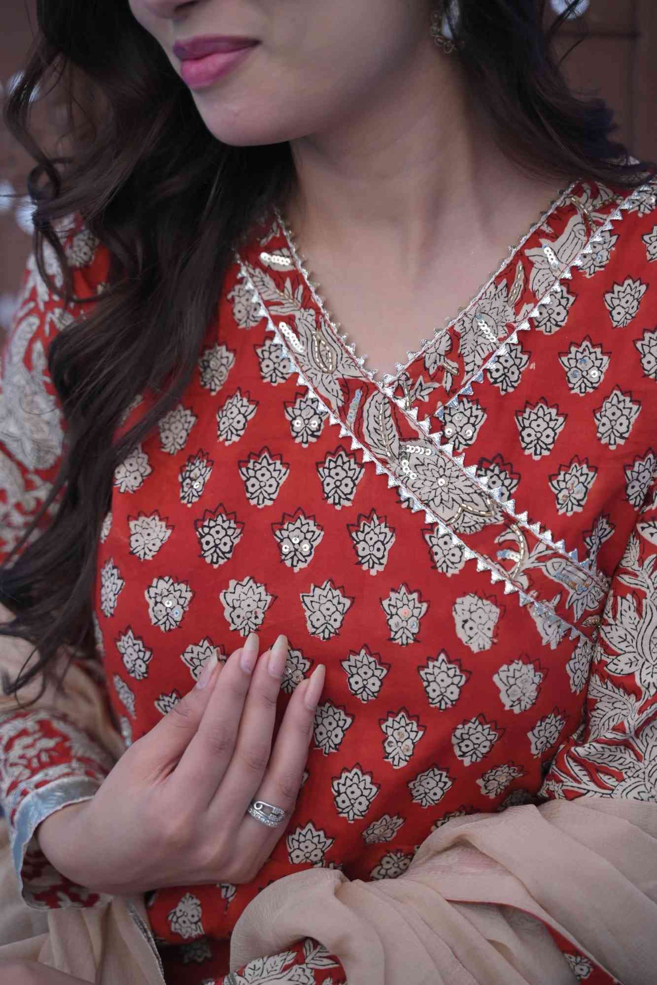 Maati Bagru Block Print Brick Red 6.5 m Flare Anarkali 3 Piece Set | Made To Order