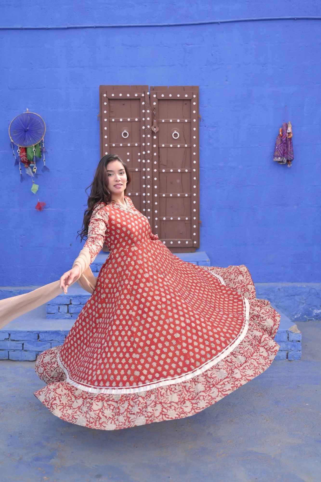 Maati Bagru Block Print Brick Red 6.5 m Flare Anarkali 3 Piece Set | Made To Order