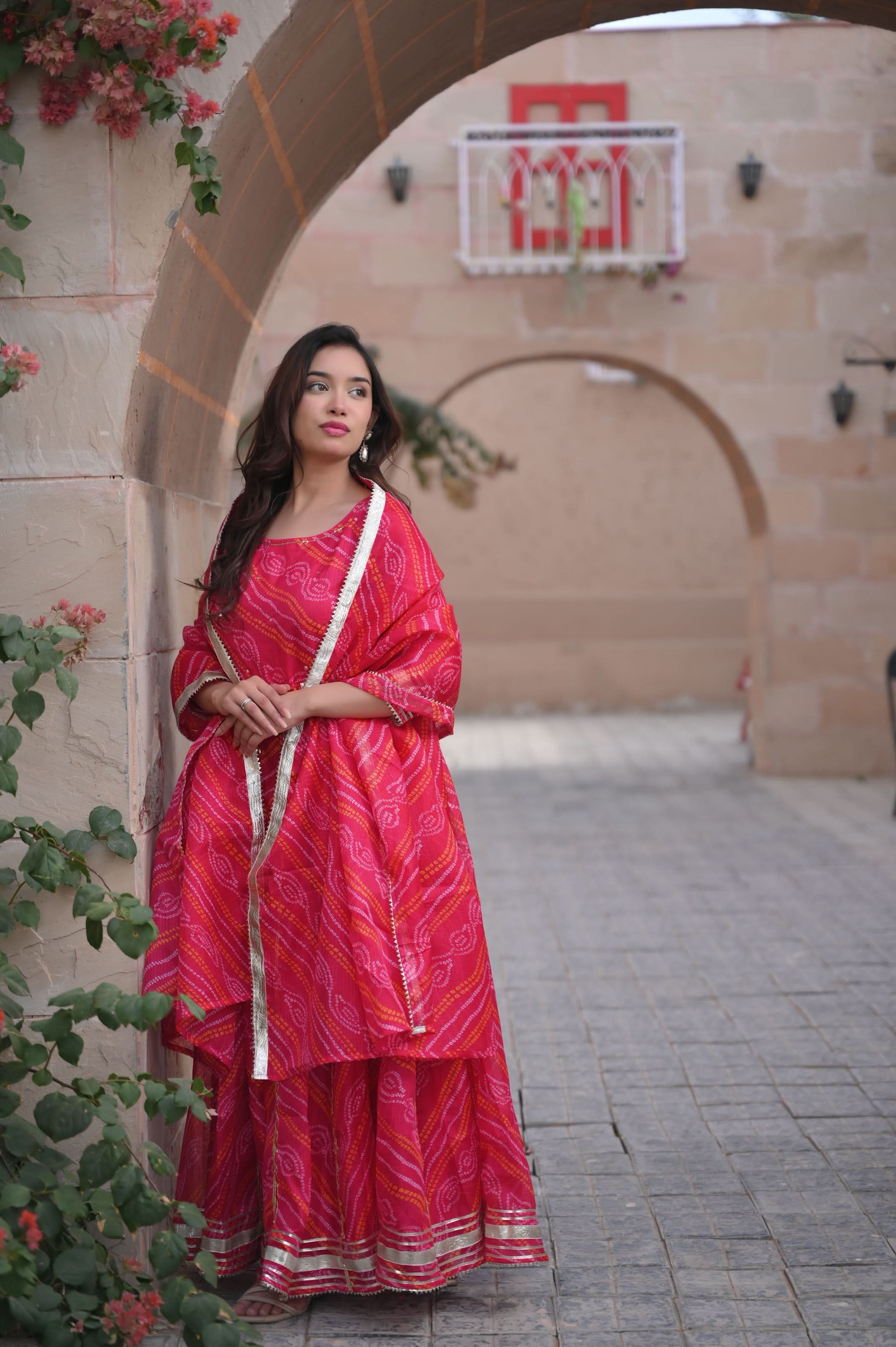 Baisa Bandhej Anarkali 3 PIece set with Dupatta and Leggings | Made To Order | SHOBITAM