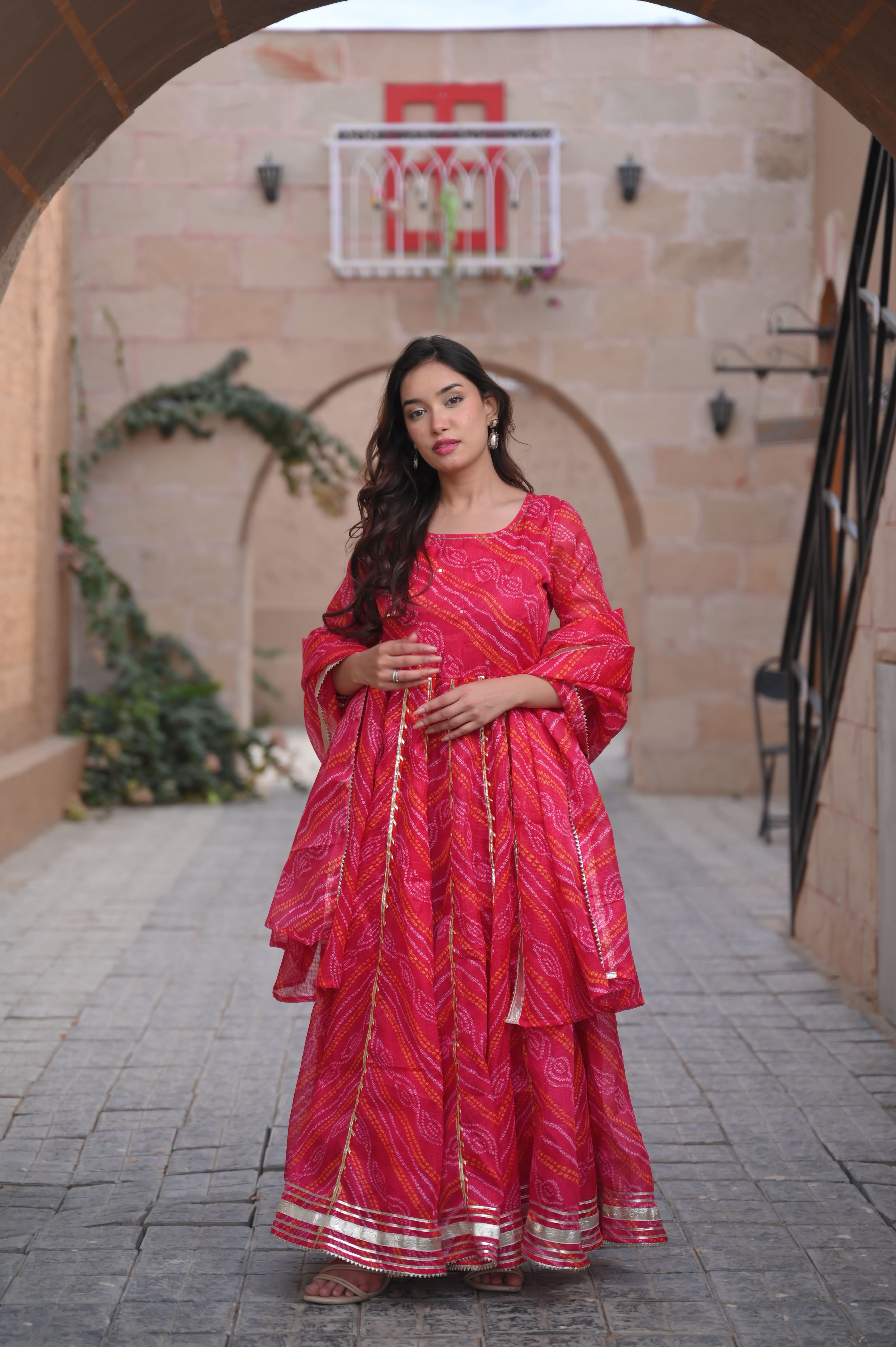Baisa Bandhej Anarkali 3 PIece set with Dupatta and Leggings | Made To Order | SHOBITAM